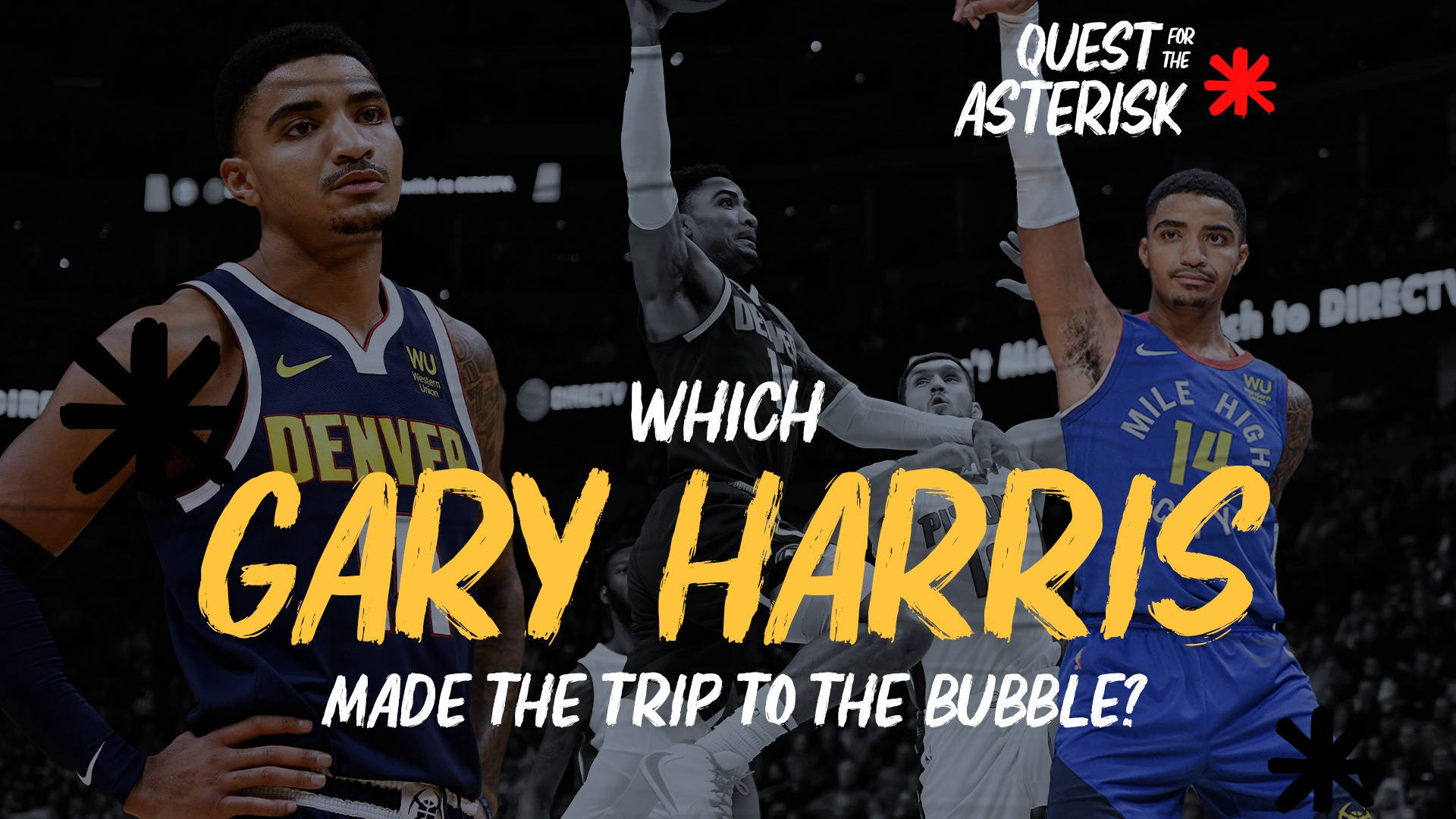 gary harris 桌布 壁紙 — 丹佛金塊隊球衣的籃球運動員蓋瑞·哈里斯的三張動態照片，擺姿勢並附有粗體文字，詢問哪個版本進入了泡泡。