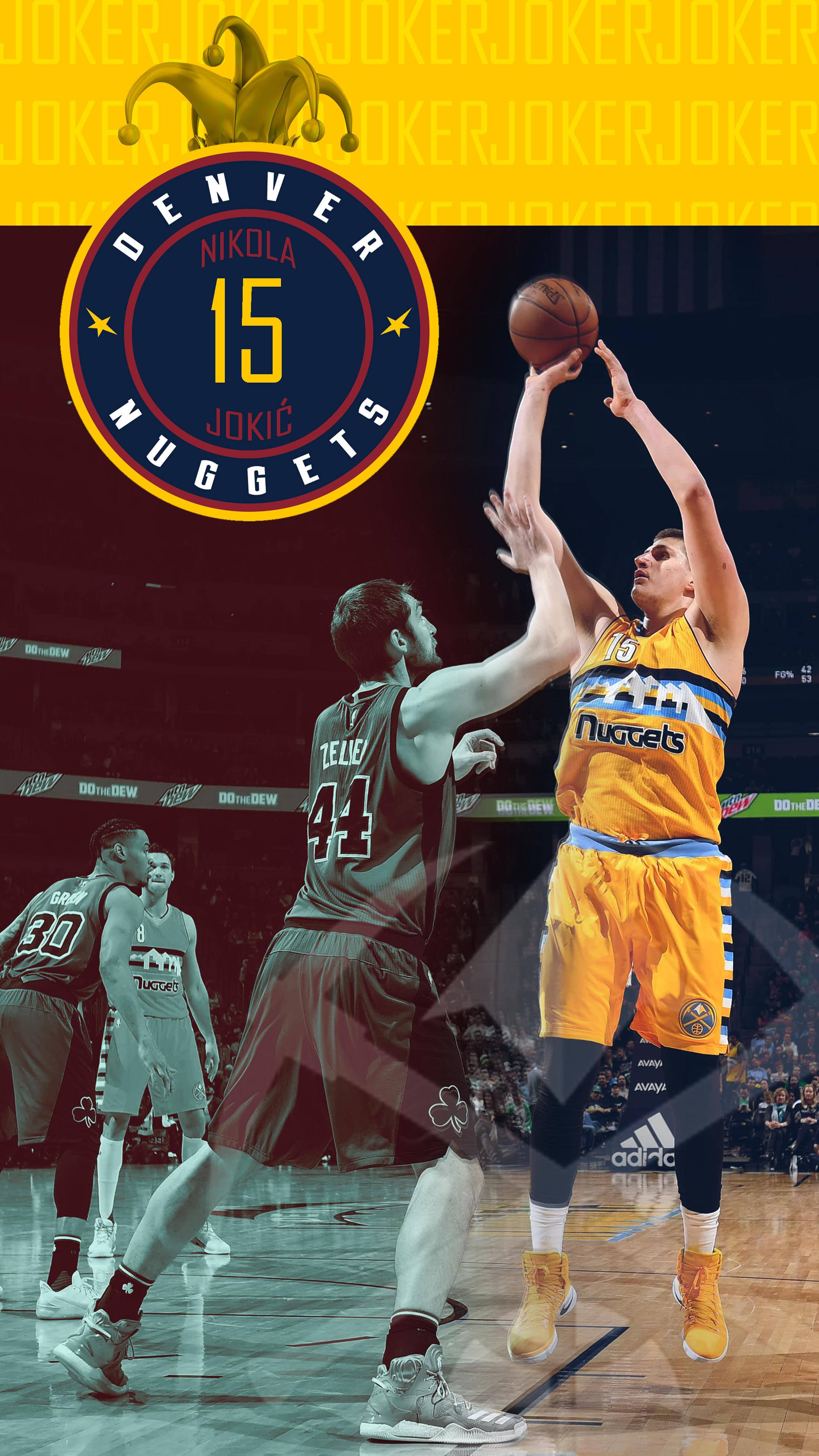 Jokic 桌布 壁紙 — 丹佛金塊隊的尼古拉·約基奇跳起投籃，防守球員試圖封阻他。