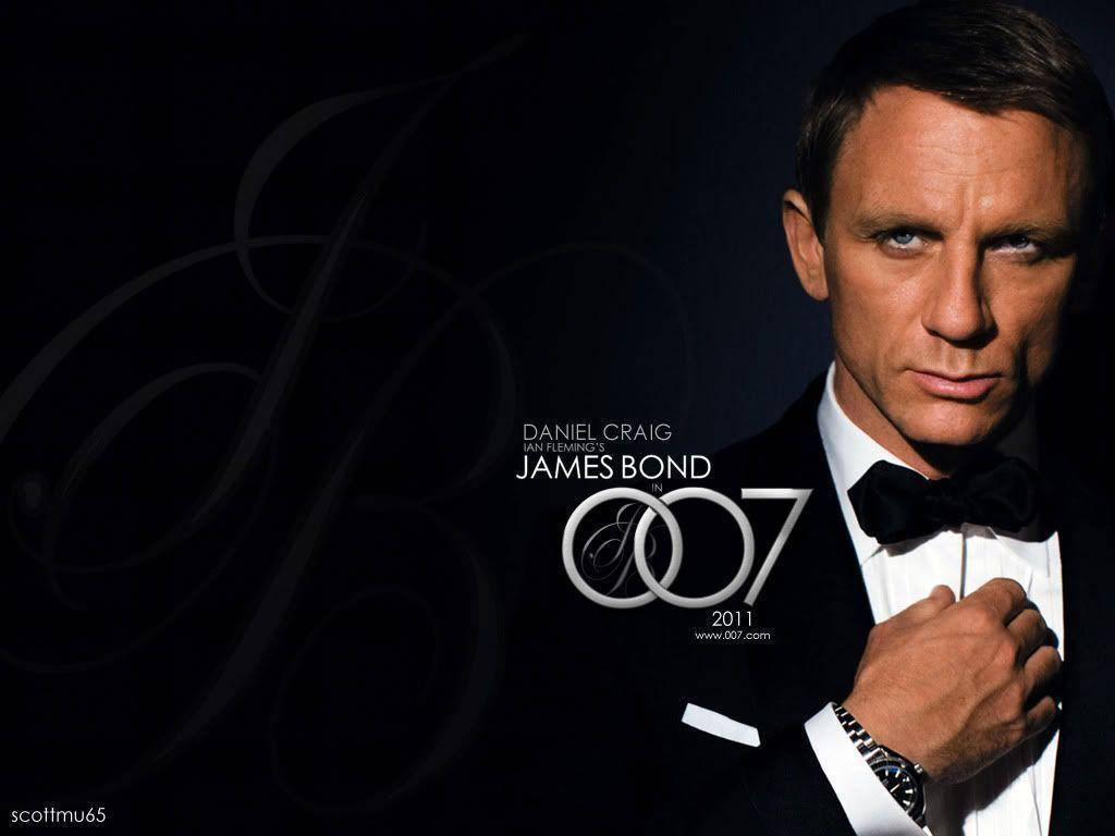 Bond 桌布 壁紙 — 丹尼爾·克雷格飾演詹姆士·龐德，身穿筆挺西裝，背景深色，帶有優雅漩渦和標誌性007標誌。