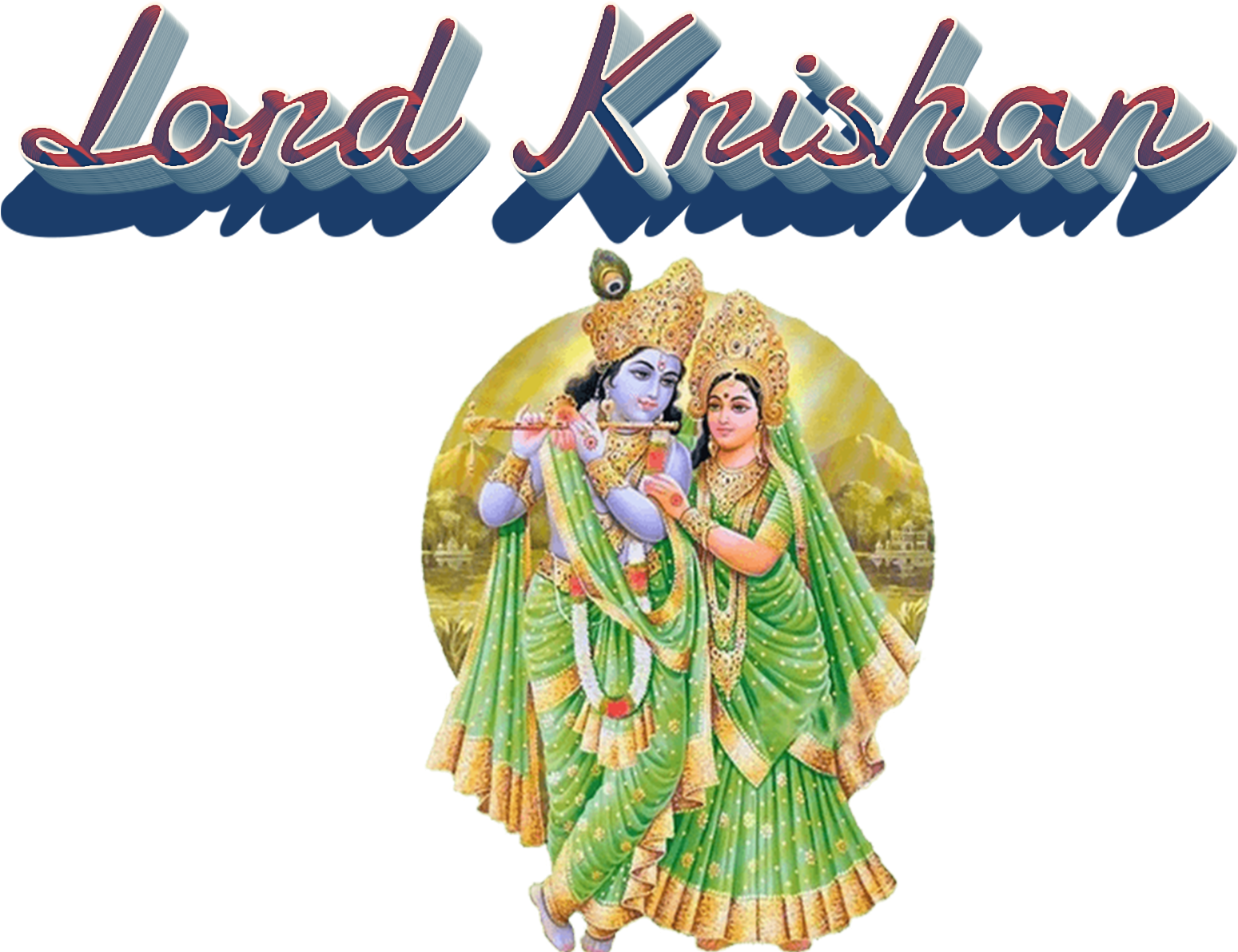 Radha Krishna 桌布 壁紙 — 主奎師那與拉達身穿鮮豔的綠色和金色服飾，在金色圓形背景前牽手，上方有「Lord Krishna」文字。