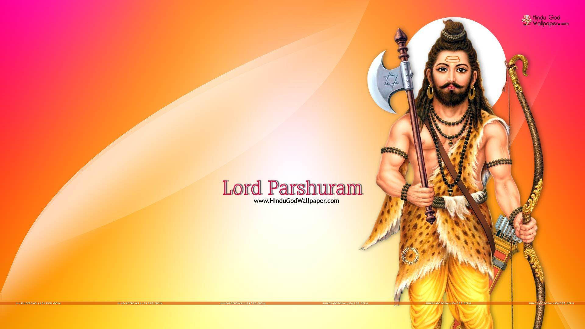 Parshuram 桌布 壁紙 — 主帕爾舒拉姆以英雄姿態站立，手持斧頭和弓箭，背景是耀眼的橙色漸變。