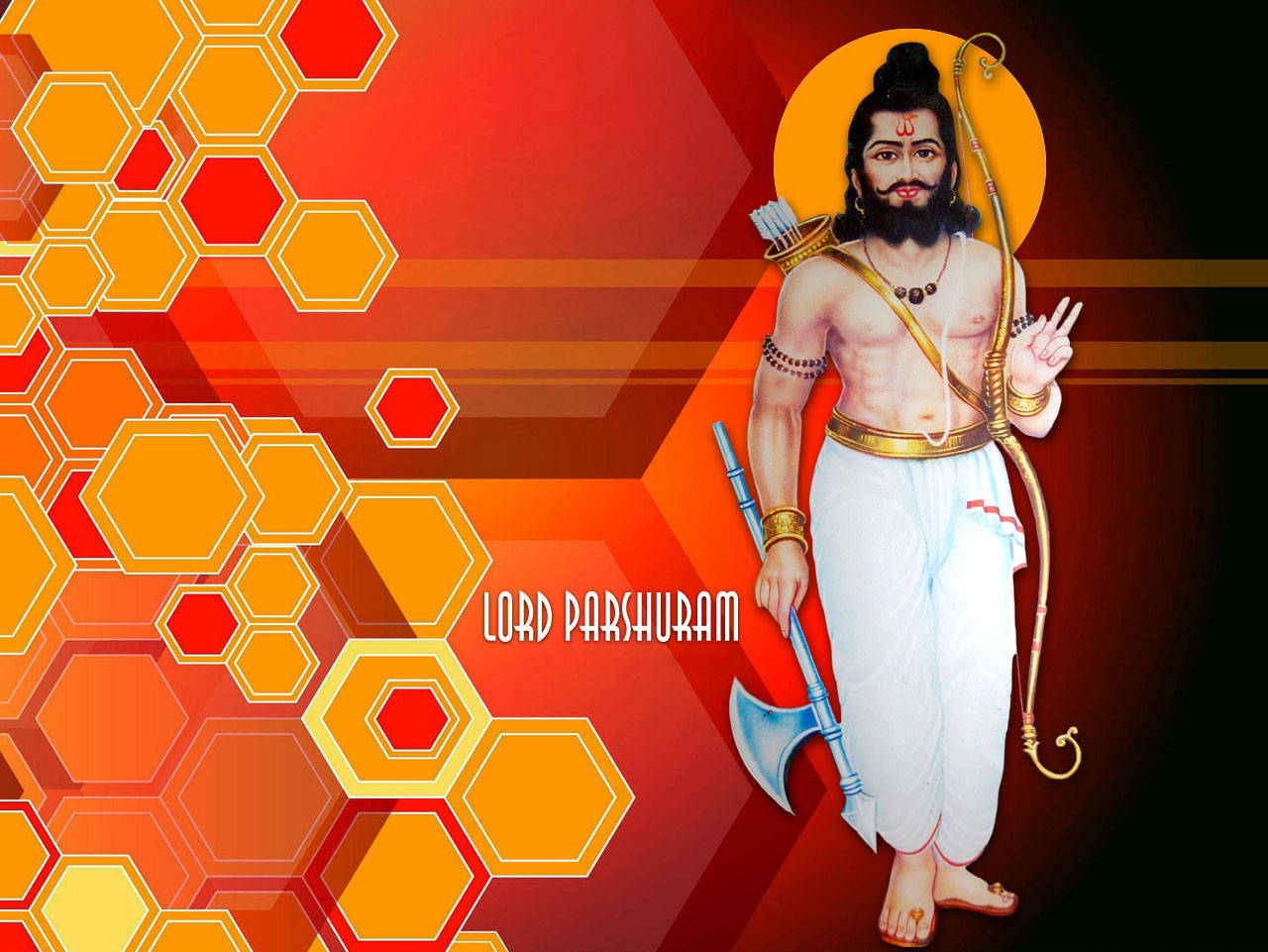 Parshuram 桌布 壁紙 — 主帕爾舒拉姆手持斧頭和弓箭，站在充滿活力的紅色和橙色六邊形圖案背景前。