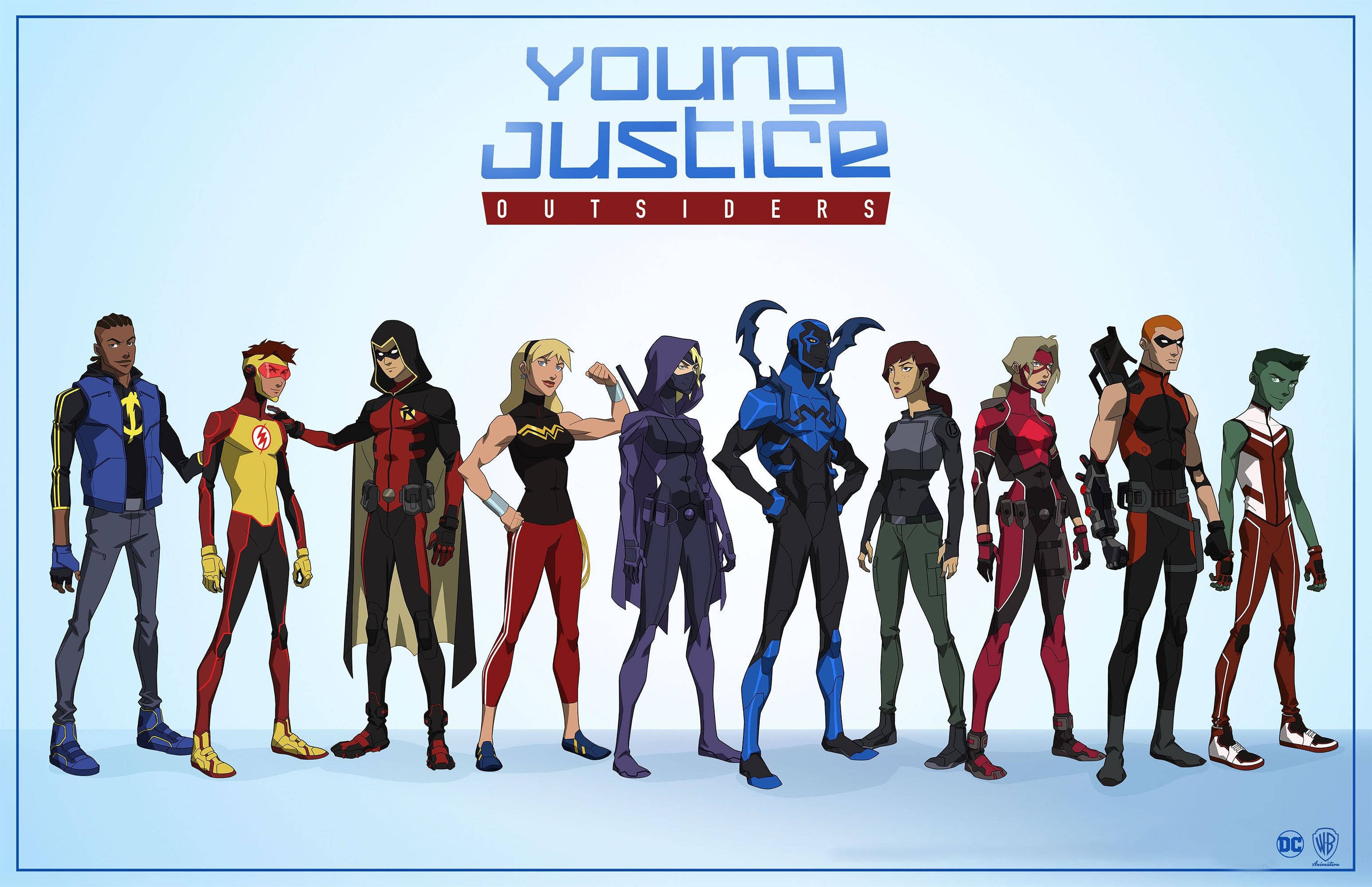 少年悍將 桌布 壁紙 — 九位 Young Justice Outsiders 動畫超級英雄身穿色彩繽紛的服裝，站在淺藍色背景前。