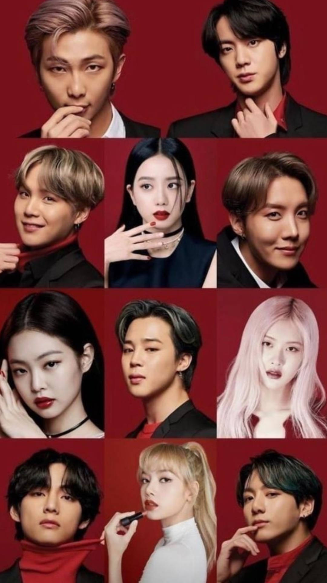 BTS 和 BLACKPINK 桌布 壁紙 — 九位K-pop偶像在大膽的紅色背景前，穿著時尚的黑色和紅色服裝自信地擺姿勢。