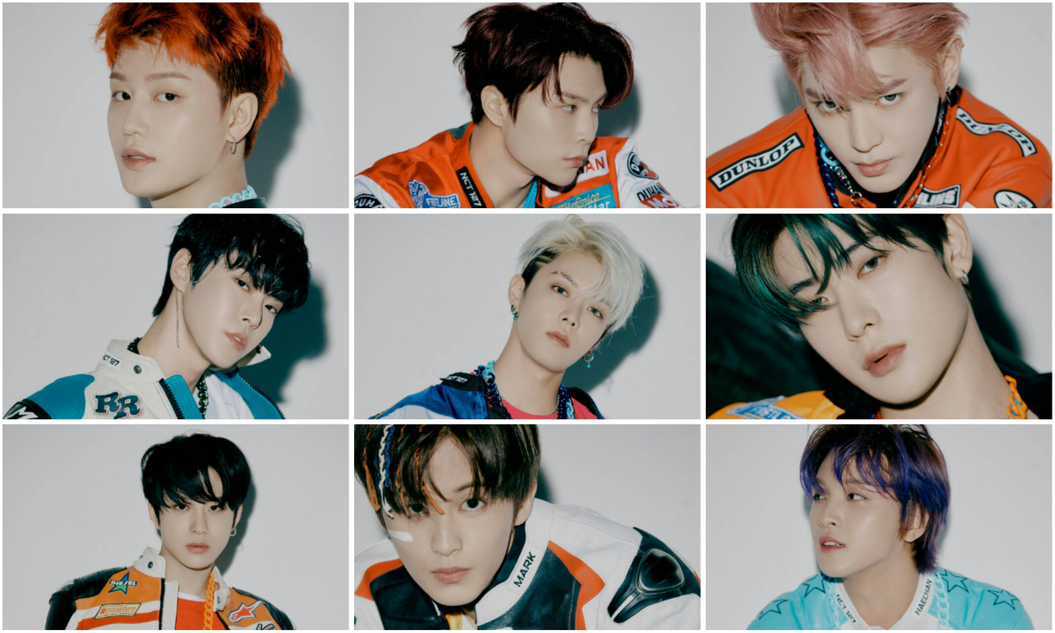 Nct 桌布 壁紙 — 九位年輕男子以鮮豔髮色和賽車外套在純色背景前以網格佈局擺姿勢。