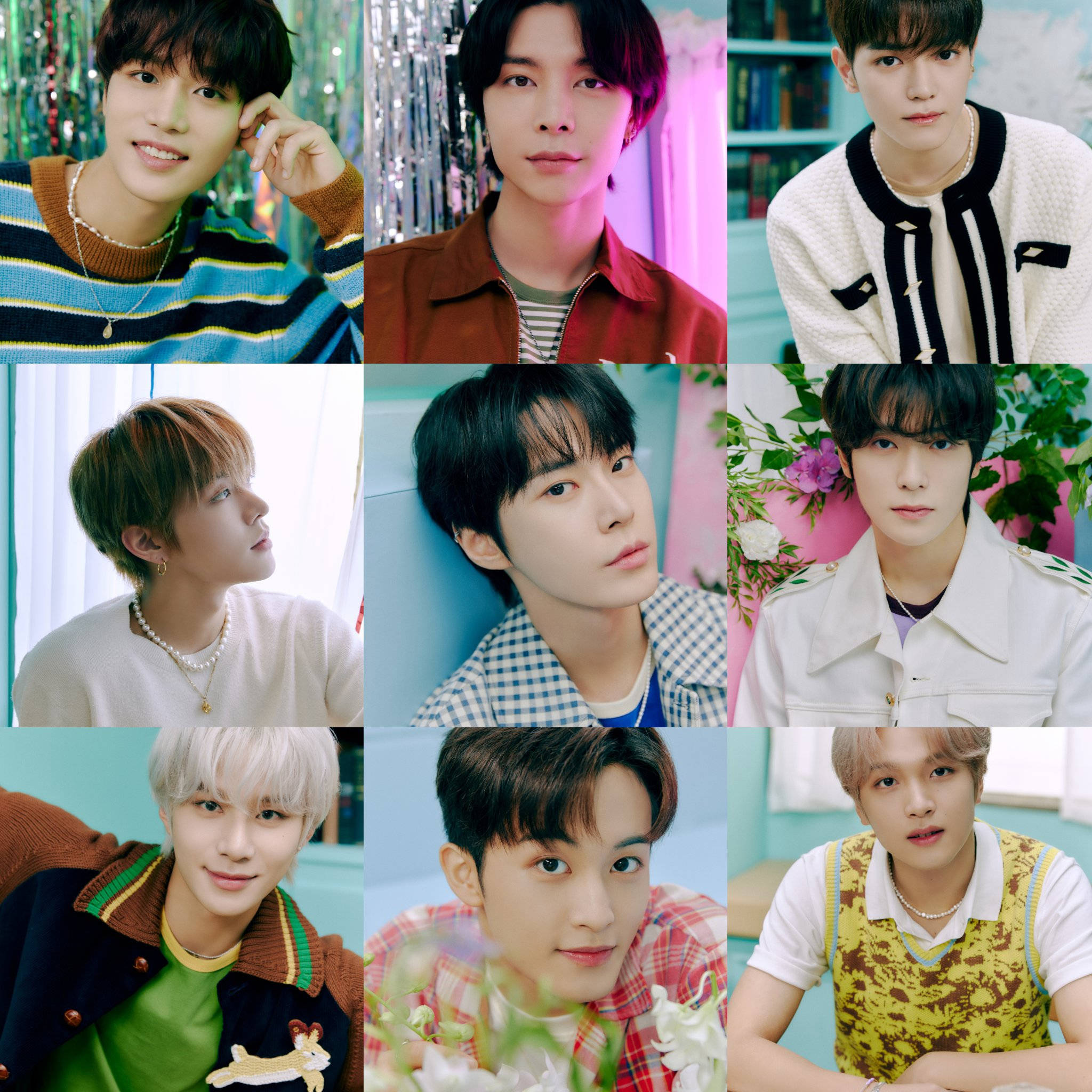 Nct 桌布 壁紙 — 九位年輕男子身穿色彩繽紛的服裝，在充滿花卉和閃亮元素的鮮豔背景前擺姿勢。