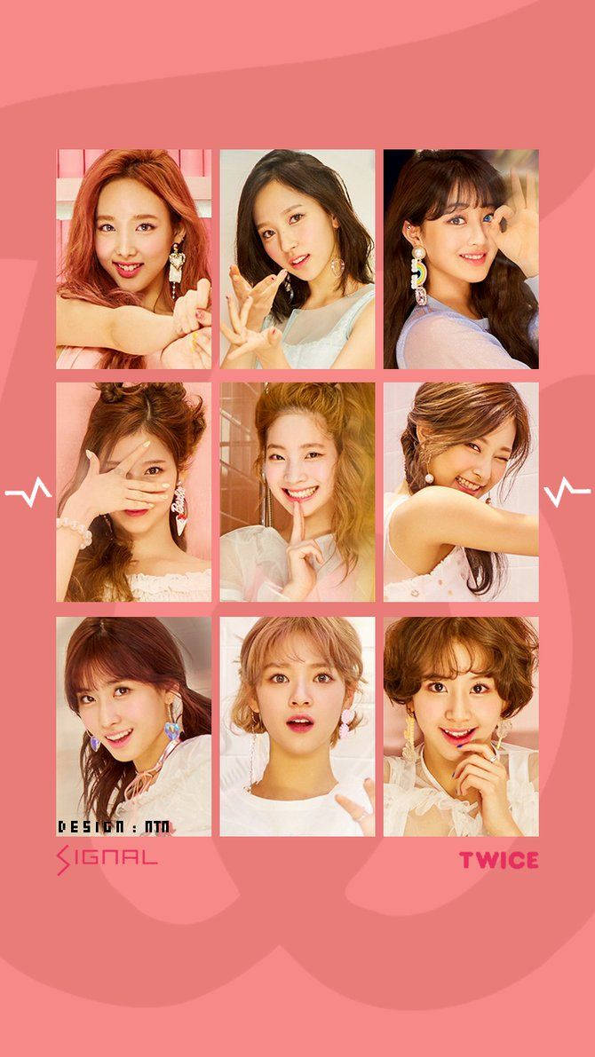 twice 桌布 壁紙 — 九位微笑的年輕女性在粉紅色網格佈局中，各自在柔和的粉紅色背景前擺出俏皮的姿勢，佩戴色彩繽紛的耳環。