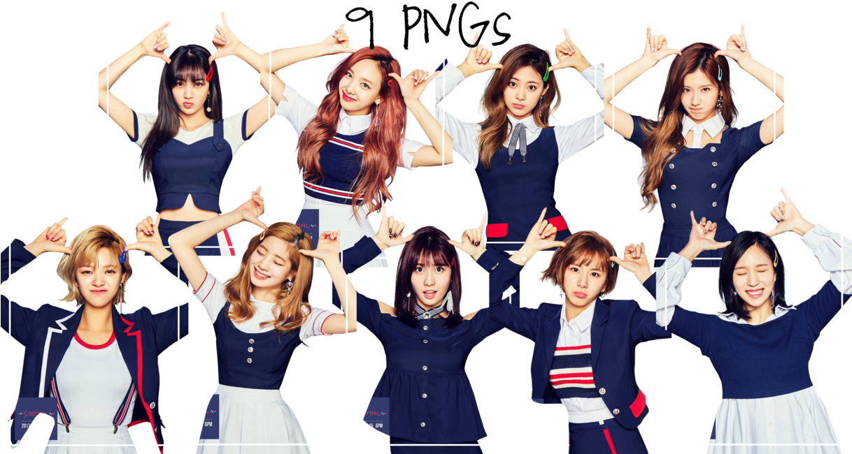 twice 桌布 壁紙 — 九位微笑的年輕女性穿著海軍藍和白色校服，在黑色背景前以同步的手勢動態擺姿勢。