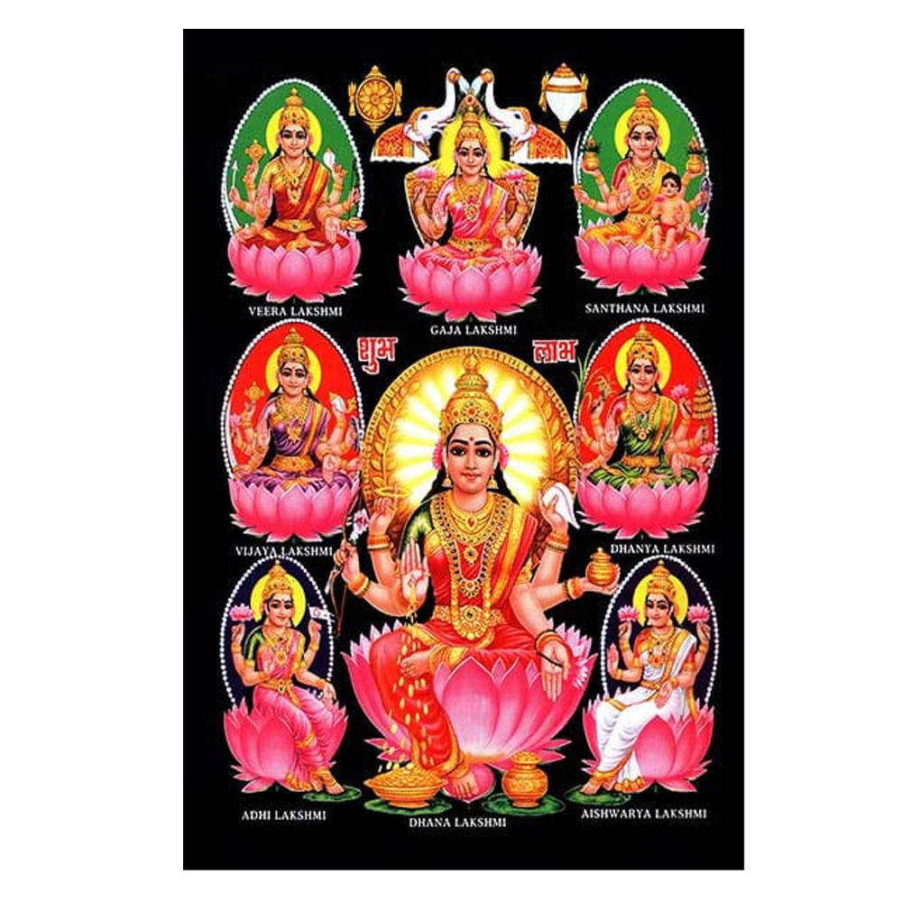 Lakshmi 桌布 壁紙 — 九位拉克什米女神坐在粉紅色蓮花上的鮮豔插圖，背景為黑色，帶有金色光環和華麗珠寶。