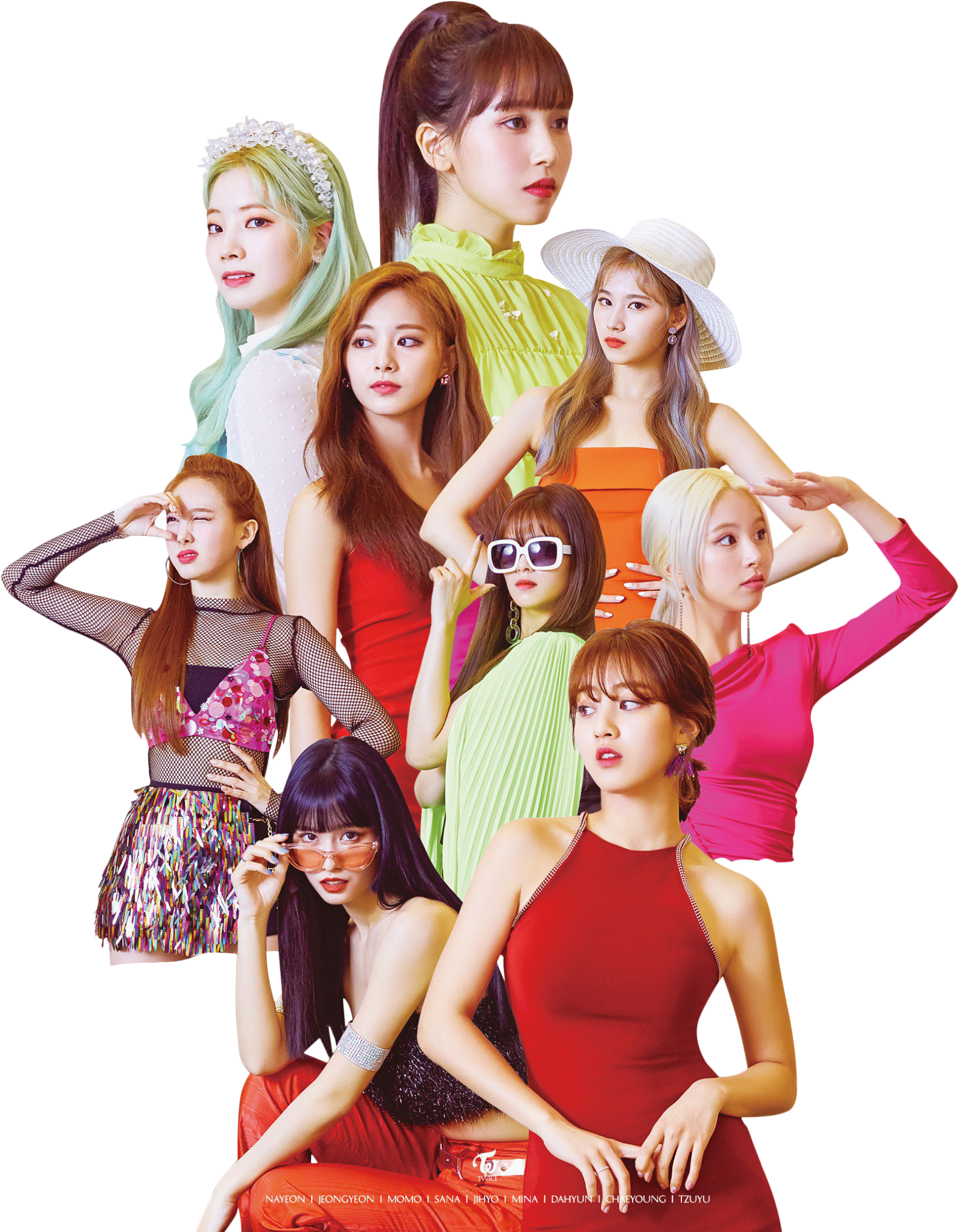 twice 桌布 壁紙 — 九位時尚女性穿著大膽色彩繽紛的服裝，在黑色背景前自信地擺出姿勢，展現多樣的髮型和配飾。