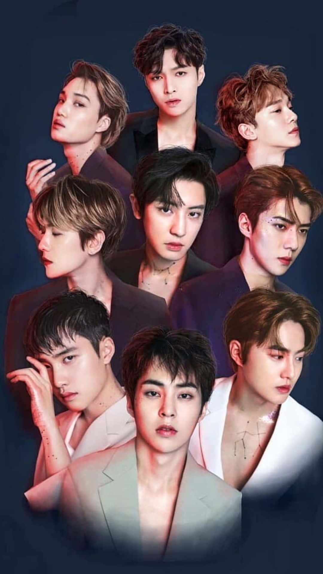 EXO 桌布 壁紙 — 九位時尚年輕男士穿著正式服裝，在陰暗的背景下以銳利的眼神擺姿勢。