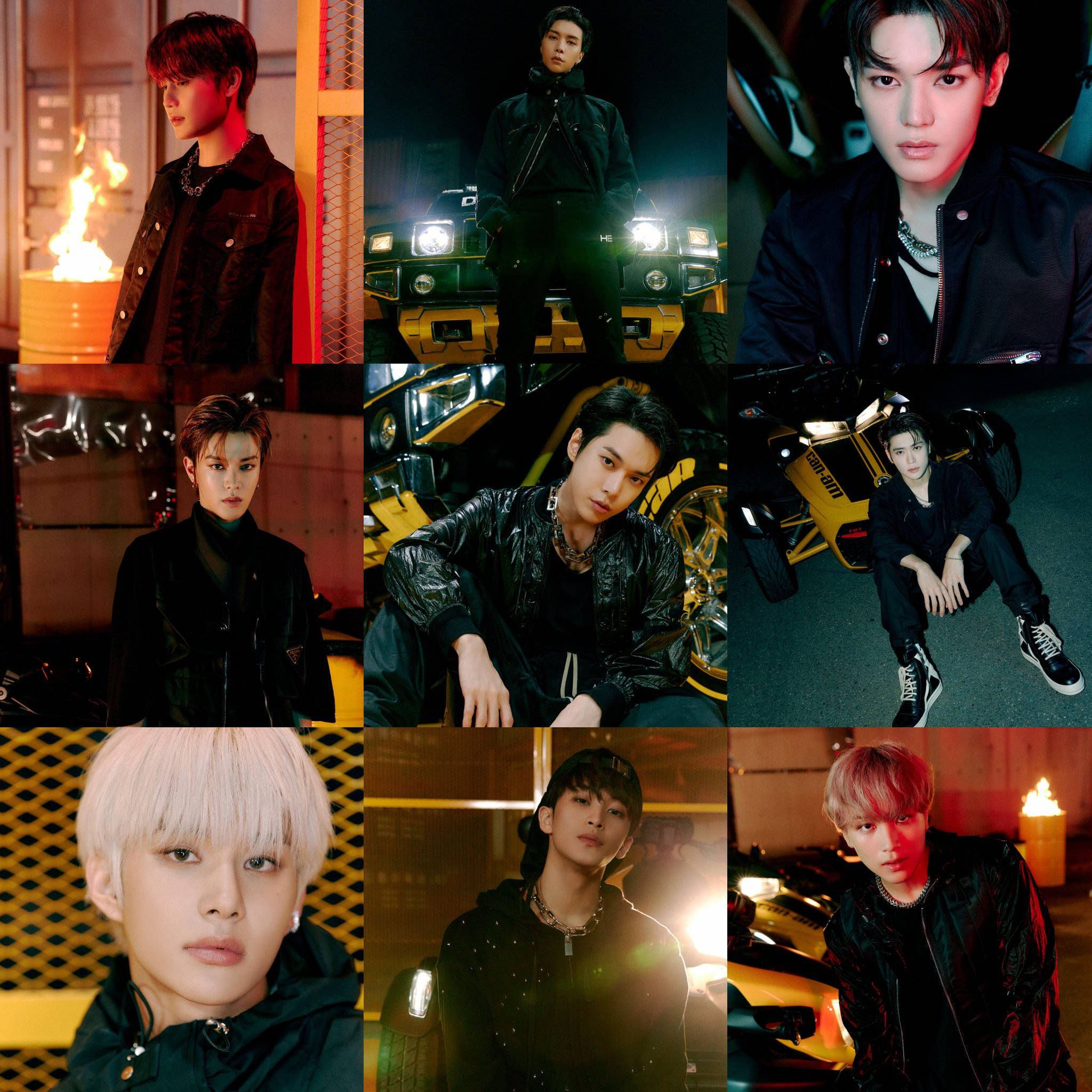 Nct 桌布 壁紙 — 九位時尚年輕男性在黑暗都市環境中，與發光的霓虹燈和豪華汽車擺姿勢的網格。