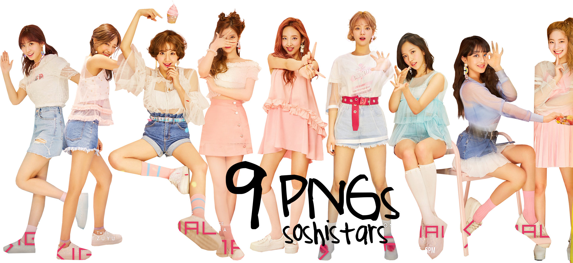 twice 桌布 壁紙 — 九位穿著粉彩服裝的開朗年輕女性在黑色背景前擺出俏皮的姿勢。