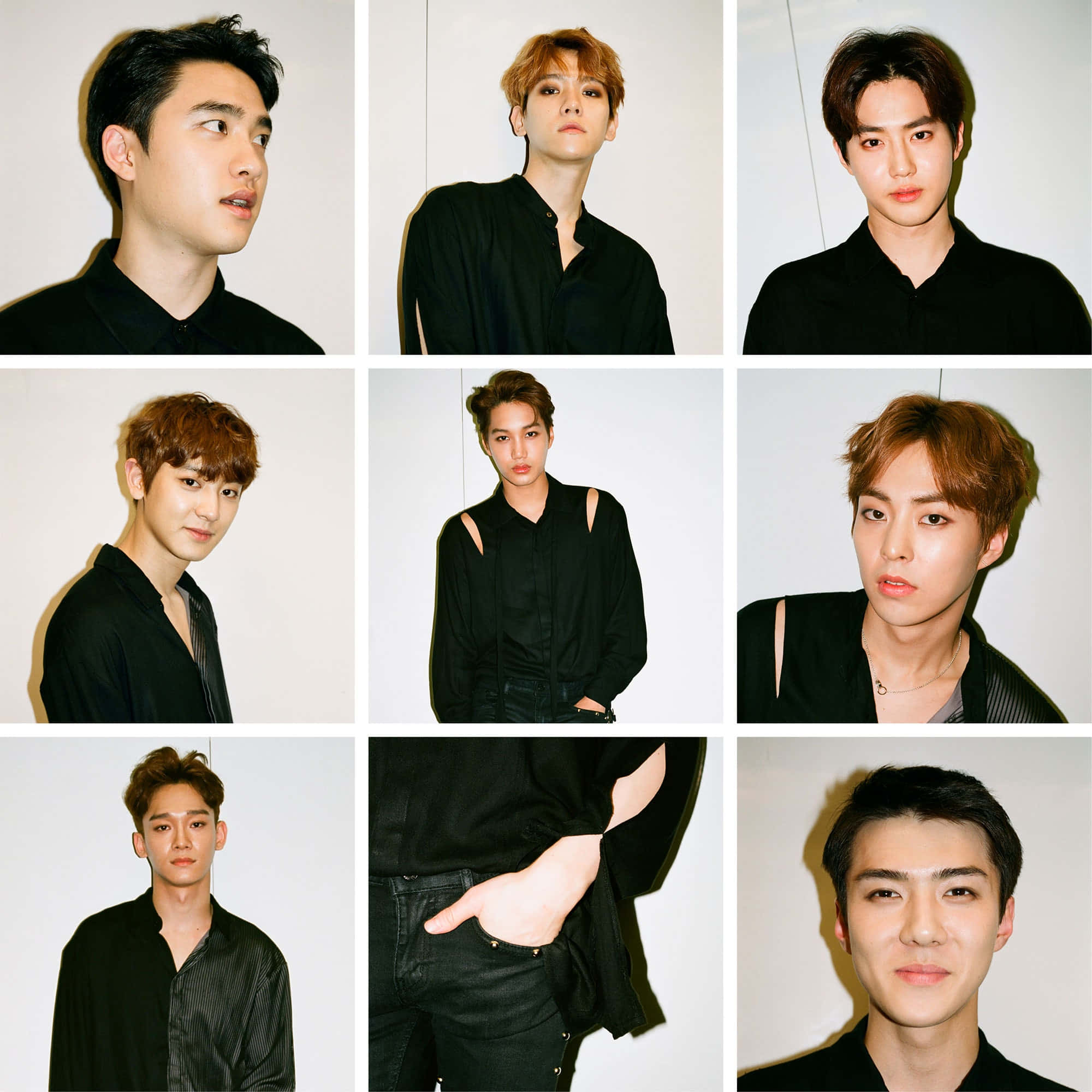EXO 桌布 壁紙 — 九位穿著黑色襯衫的時尚年輕男性在純白背景前以網格佈局擺姿勢。