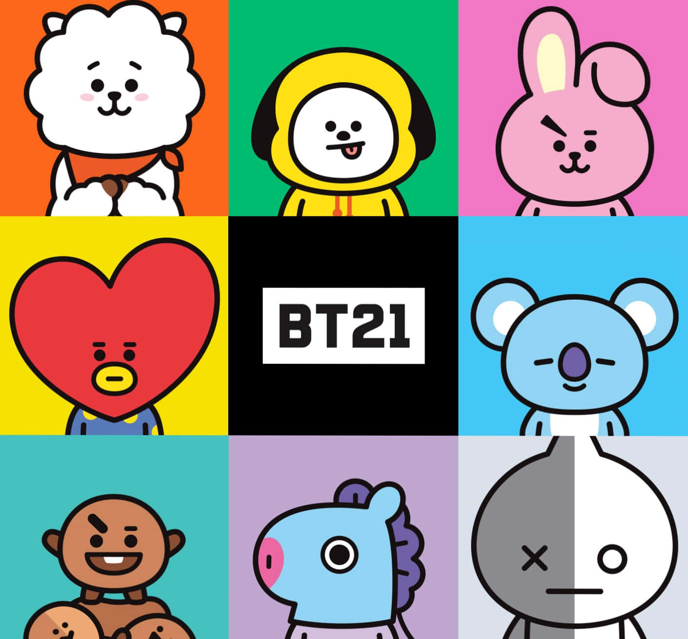 BT21 桌布 壁紙 — 九個BT21卡通角色，位於色彩繽紛的正方形中，帶有粗線條和簡單表情。