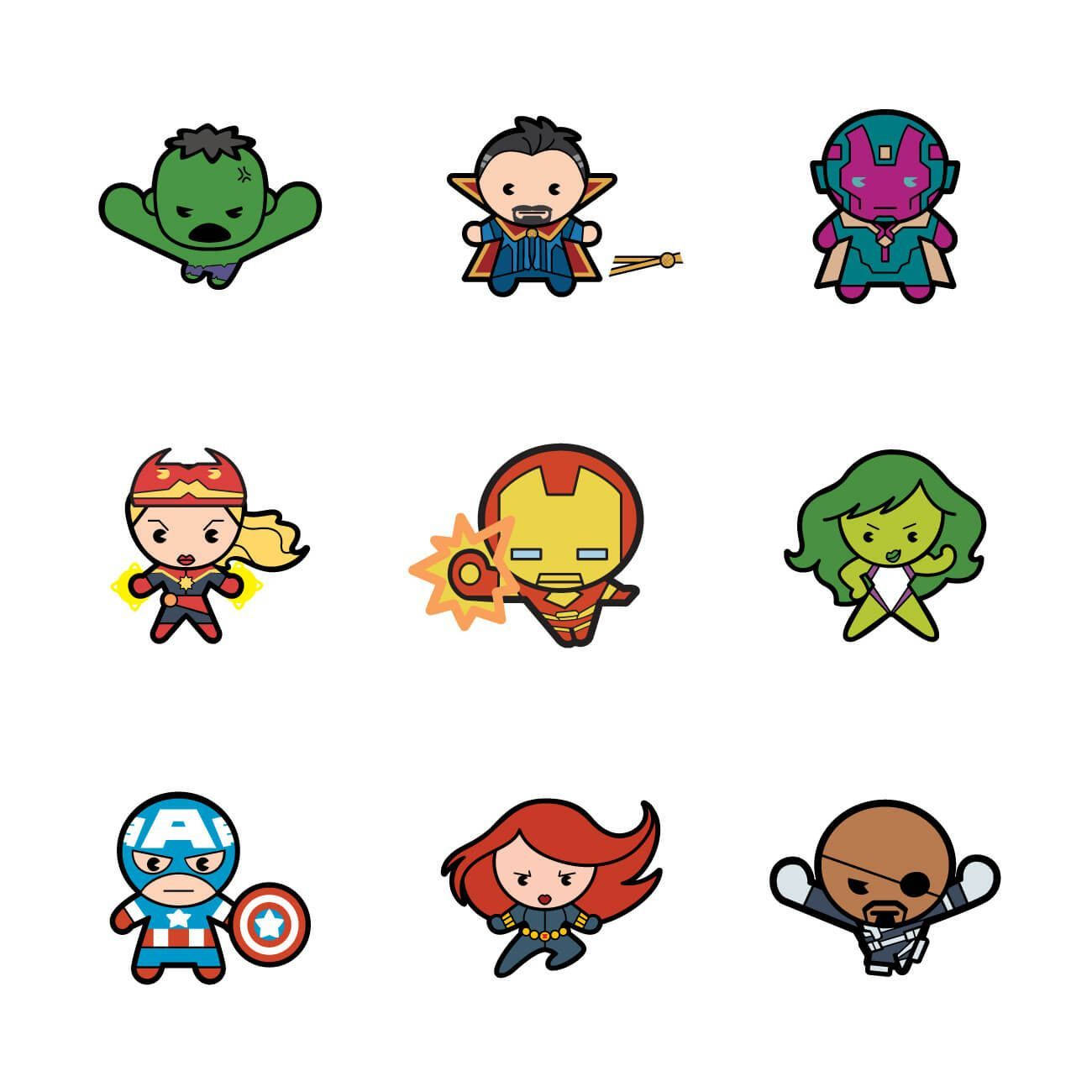 Cute Marvel 桌布 壁紙 — 九個Q版Marvel超級英雄，包括Hulk、Thor、Vision、Captain America和Black Widow，以色彩繽紛的卡通姿勢呈現。