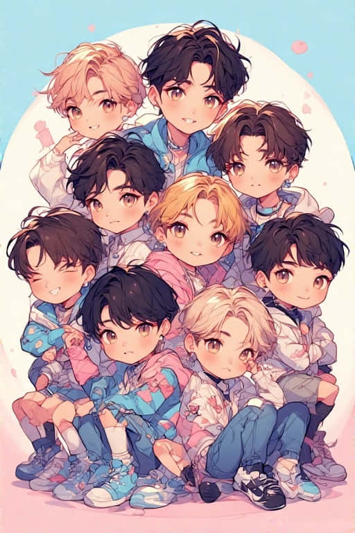 stray kids kpop Chibi Wallpaper – Cute Anime 壁紙 — 九個Q版動畫男孩，髮色和服裝各異，在柔和的粉彩背景前緊密地擺姿勢。
