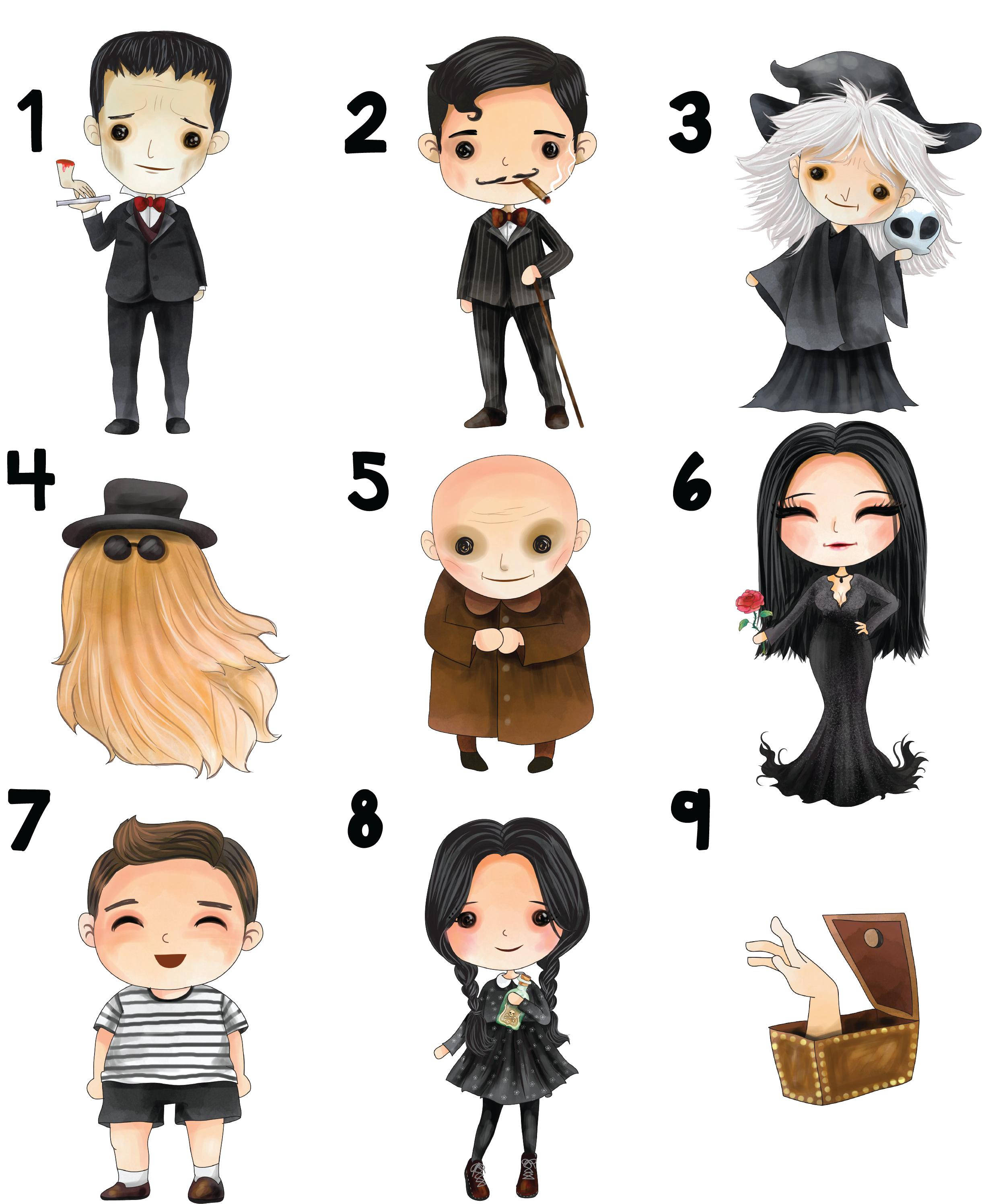 The Addams Family 2 桌布 壁紙 — 九個Q版卡通角色，包括科學怪人、德古拉、女巫、鬼魂、光頭男、哥德女、男孩和從盒子裡伸出的手。