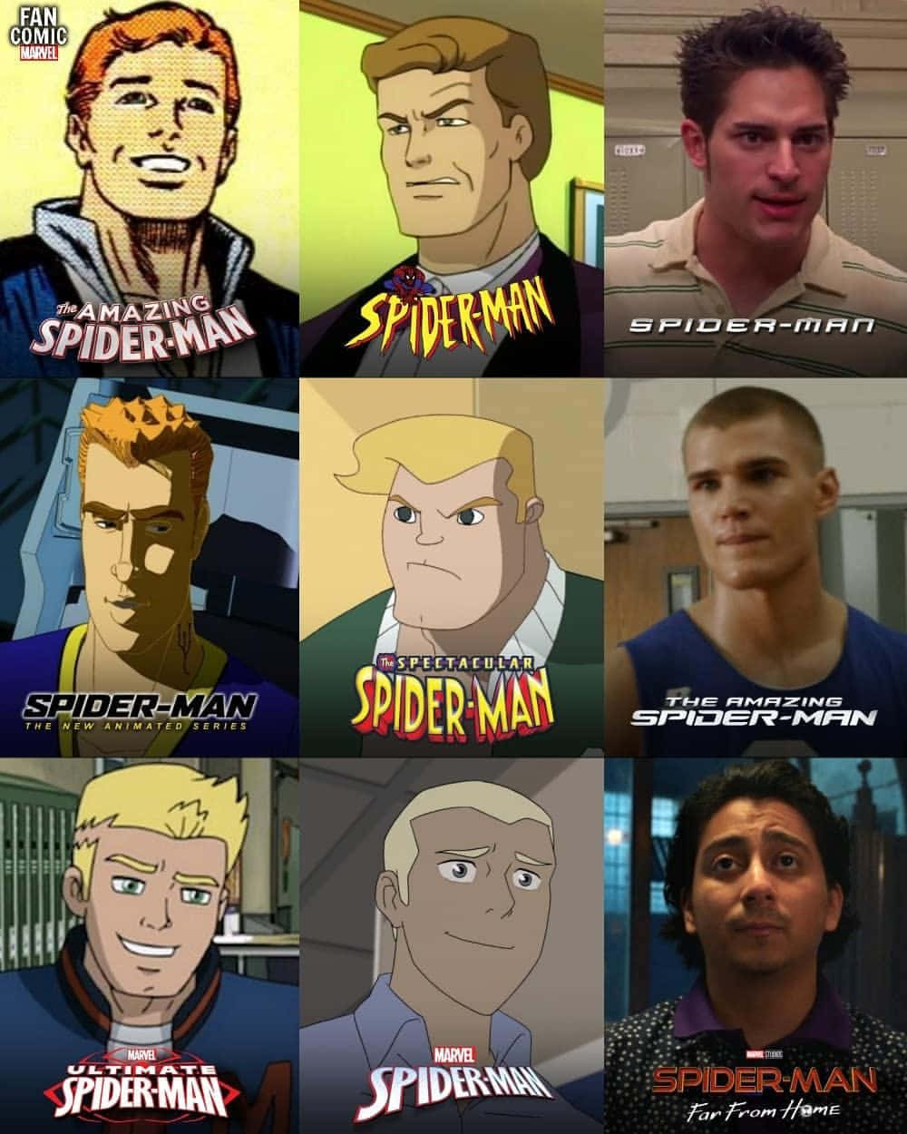 Flash Thompson 桌布 壁紙 — 九個不同蜘蛛人演繹的拼貼畫，涵蓋各種動畫和真人風格。