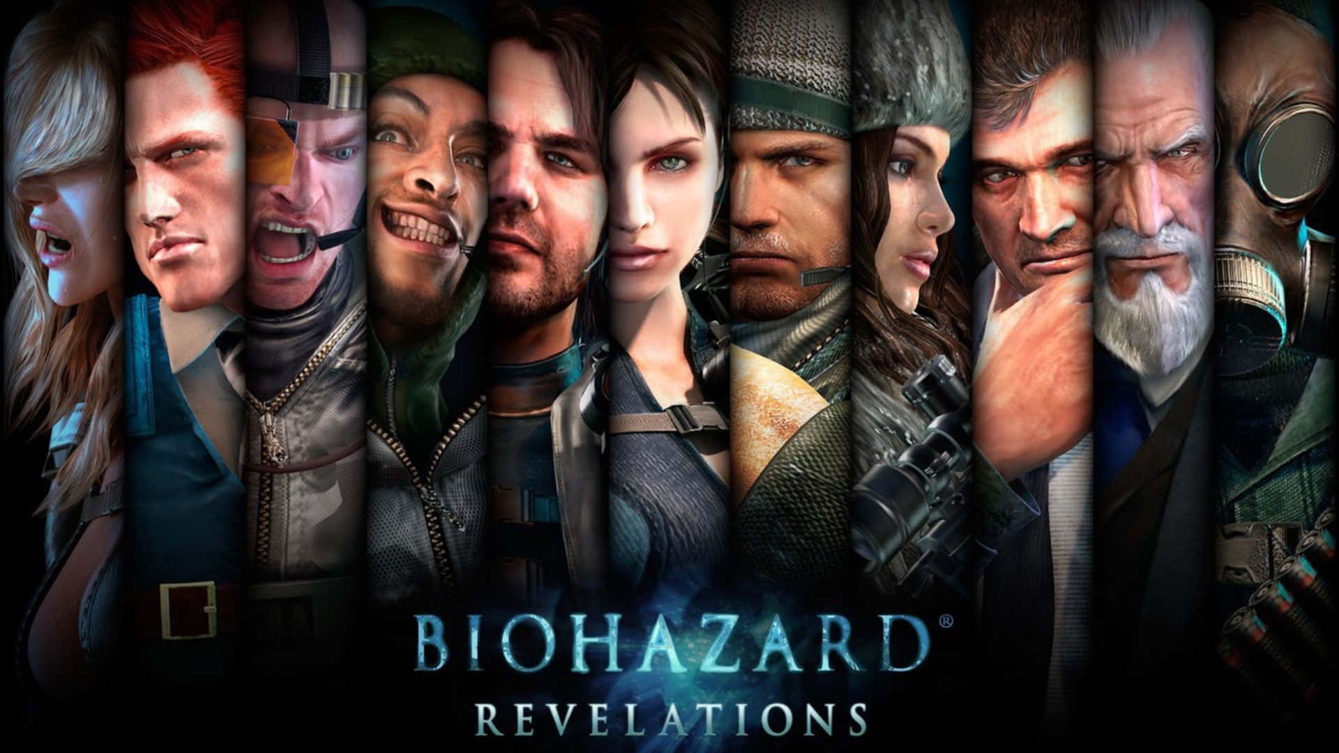 Resident Evil Characters 桌布 壁紙 — 九個來自《惡靈古堡：啟示錄》的激烈電玩角色以戲劇性的方式排列，每個角色在黑暗背景前都有獨特的表情和裝備。
