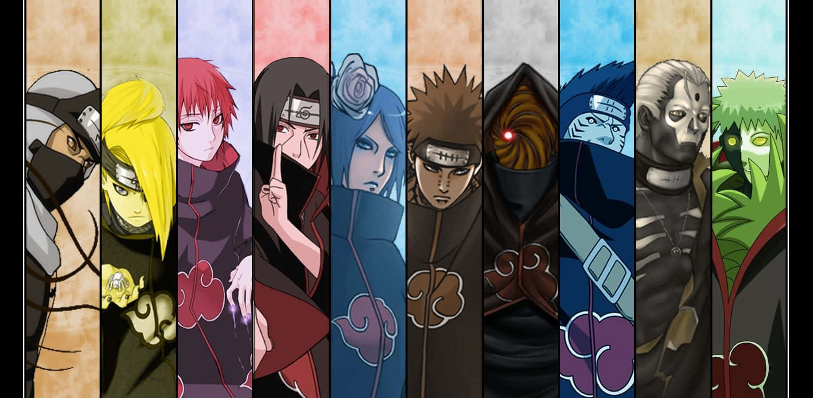 Naruto's Friend 桌布 壁紙 — 九個來自曉組織的動漫角色穿著帶有紅色雲紋的斗篷，在彩色背景前的垂直肖像拼貼。