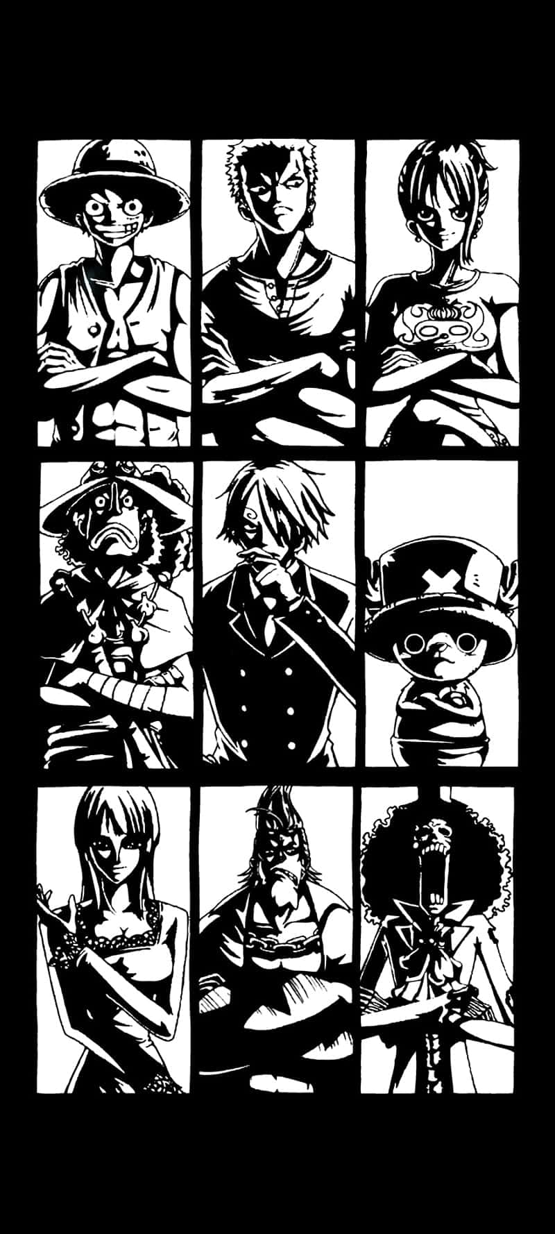 One Piece Black And White 桌布 壁紙 — 九個動漫角色以黑白面板呈現，帶有粗線條輪廓和戲劇性表情。
