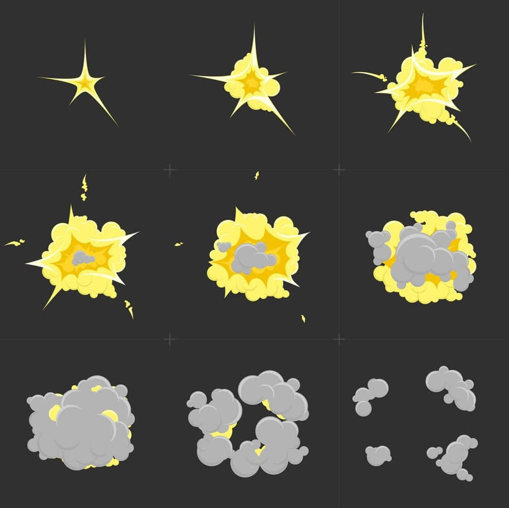 Game Animation 桌布 壁紙 — 九個卡通爆炸效果，黃色和灰色，在深灰色背景上，顯示從星爆到煙霧的進程。