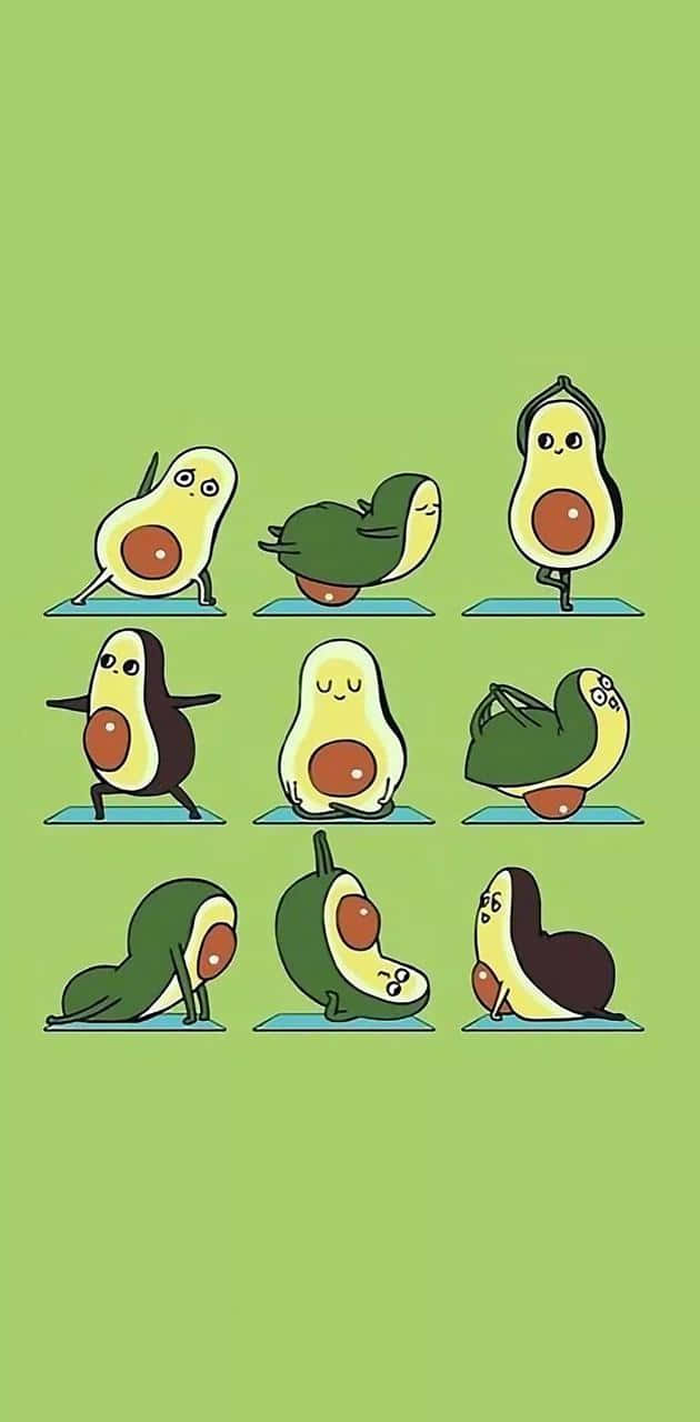 Fruit 桌布 壁紙 — 九個卡通酪梨在純綠色背景前的藍色墊子上做瑜伽姿勢。