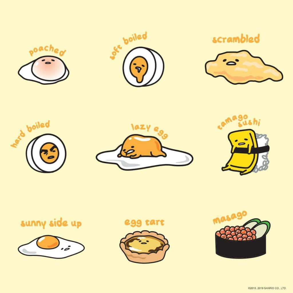 九個 Gudetama 角色化身為不同類型的蛋，包括水煮蛋和壽司。 — 蛋黃哥 壁紙