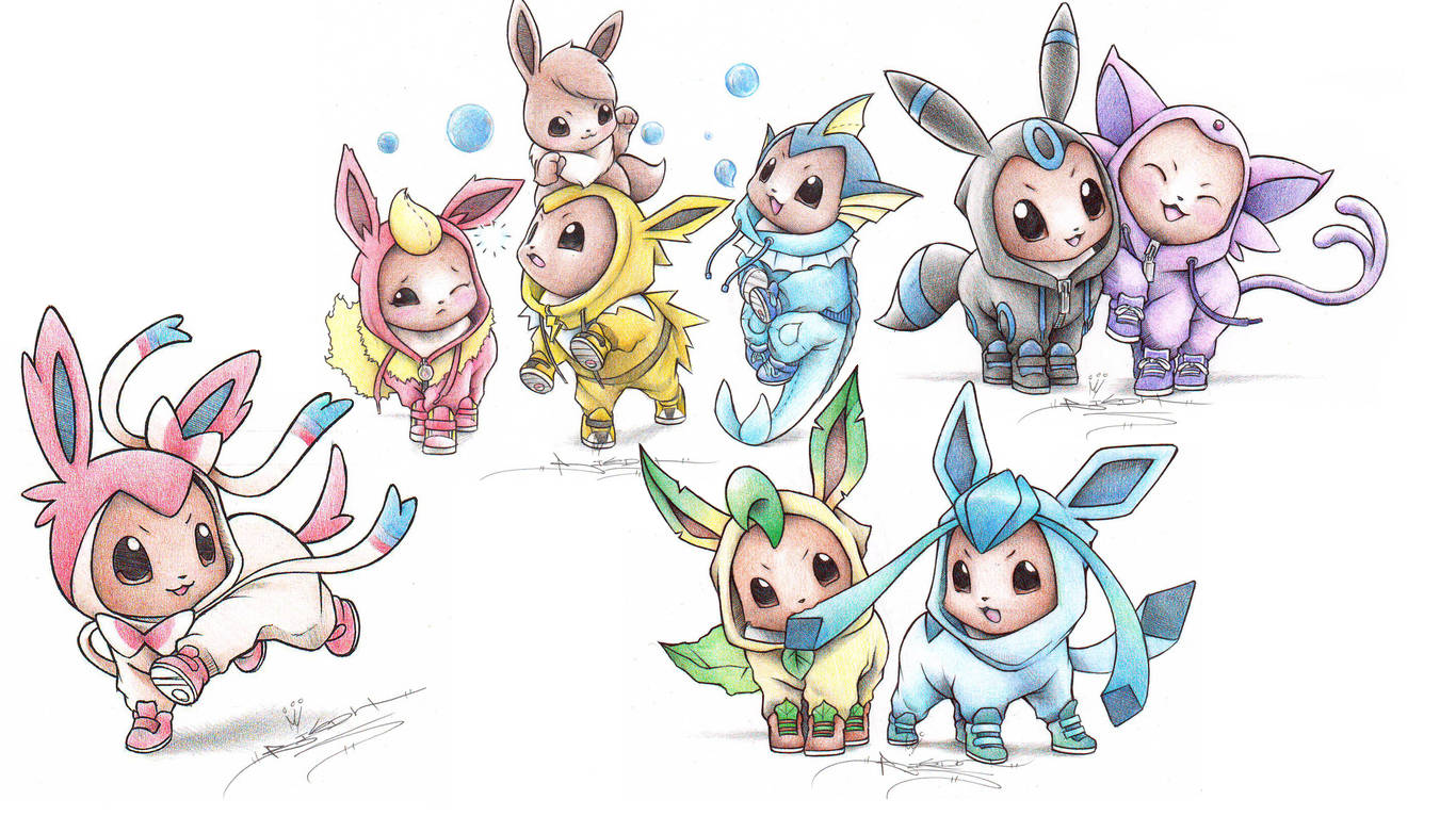 Eevee Evolutions Human 桌布 壁紙 — 九個可愛的卡通寶可夢角色穿著色彩繽紛的連帽衫，在純白色背景前頑皮地擺姿勢。