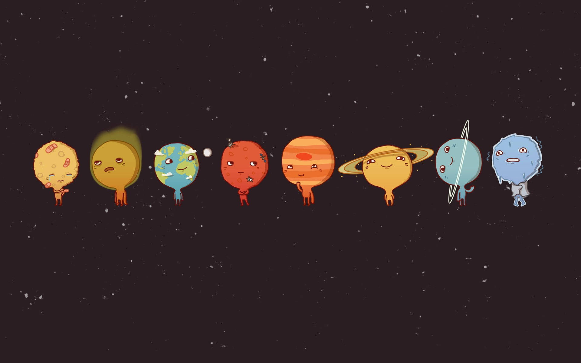 Cartoon 桌布 壁紙 — 九個可愛的卡通行星，有臉和四肢，漂浮在繁星點點的黑暗太空背景中。