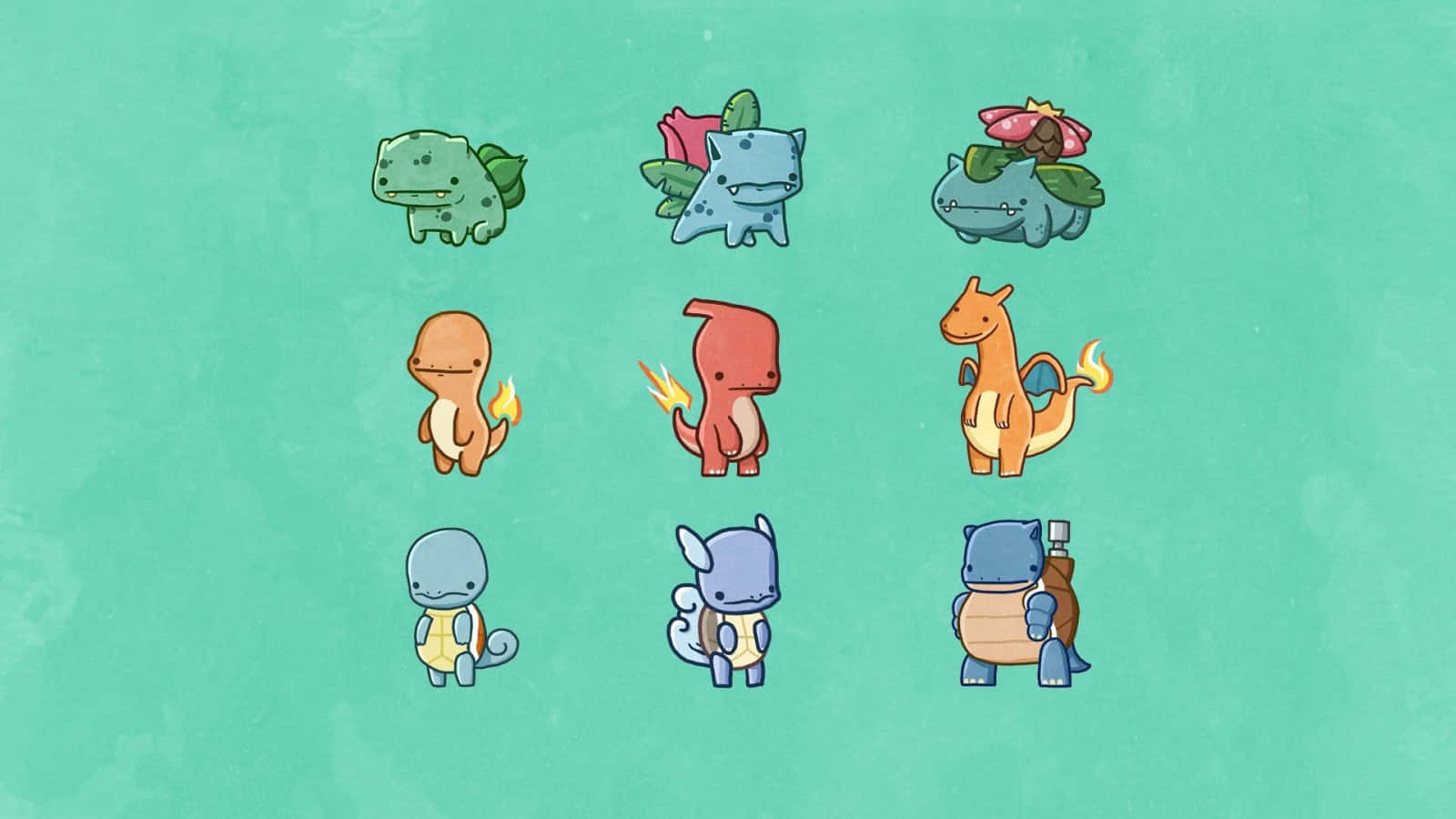 Squirtle 桌布 壁紙 — 九個可愛的寶可夢角色排列在網格中，背景為帶有紋理的青綠色。