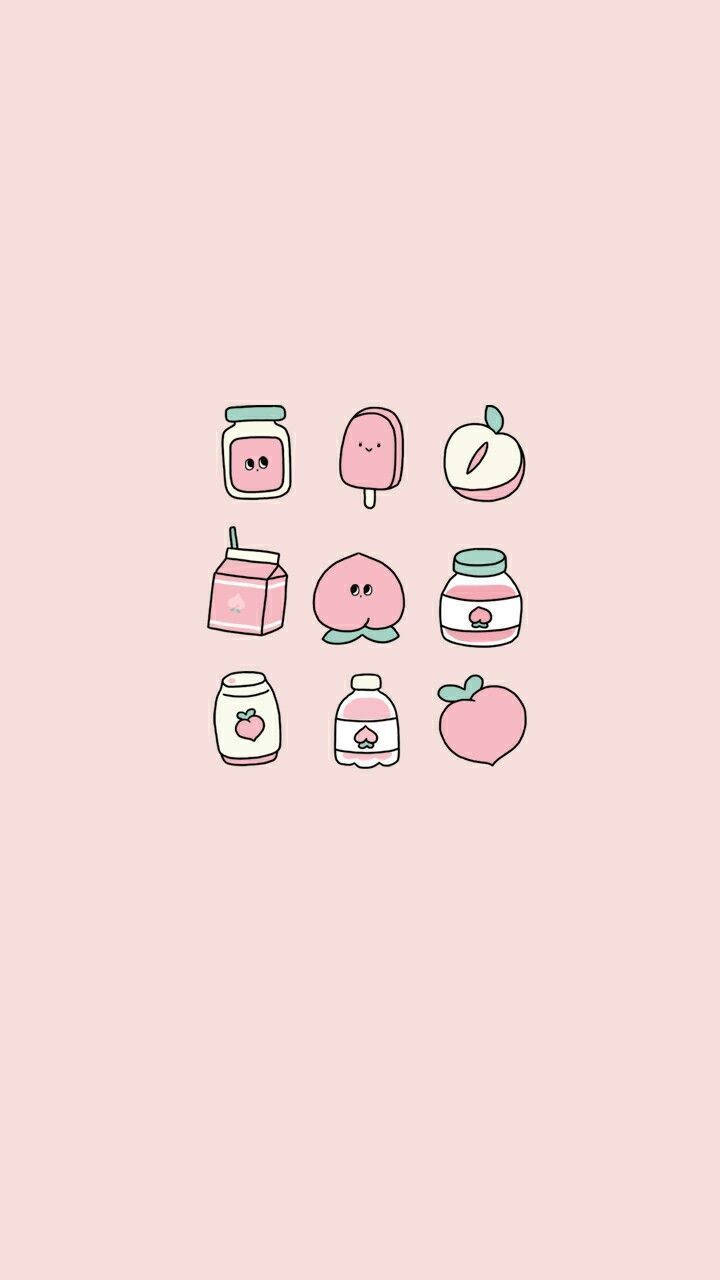 Pink Kawaii 桌布 壁紙 — 九個可愛的桃子主題食物，帶有表情，排列在柔和的粉紅色背景上。