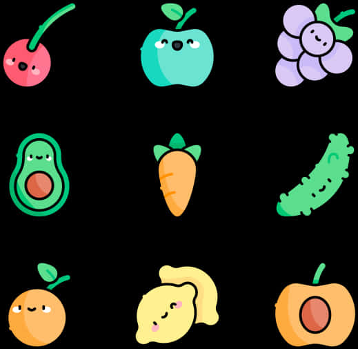 Fruits And Vegetables 桌布 壁紙 — 九個可愛風格的水果和蔬菜，帶有微笑的臉，排列在黑色背景上。