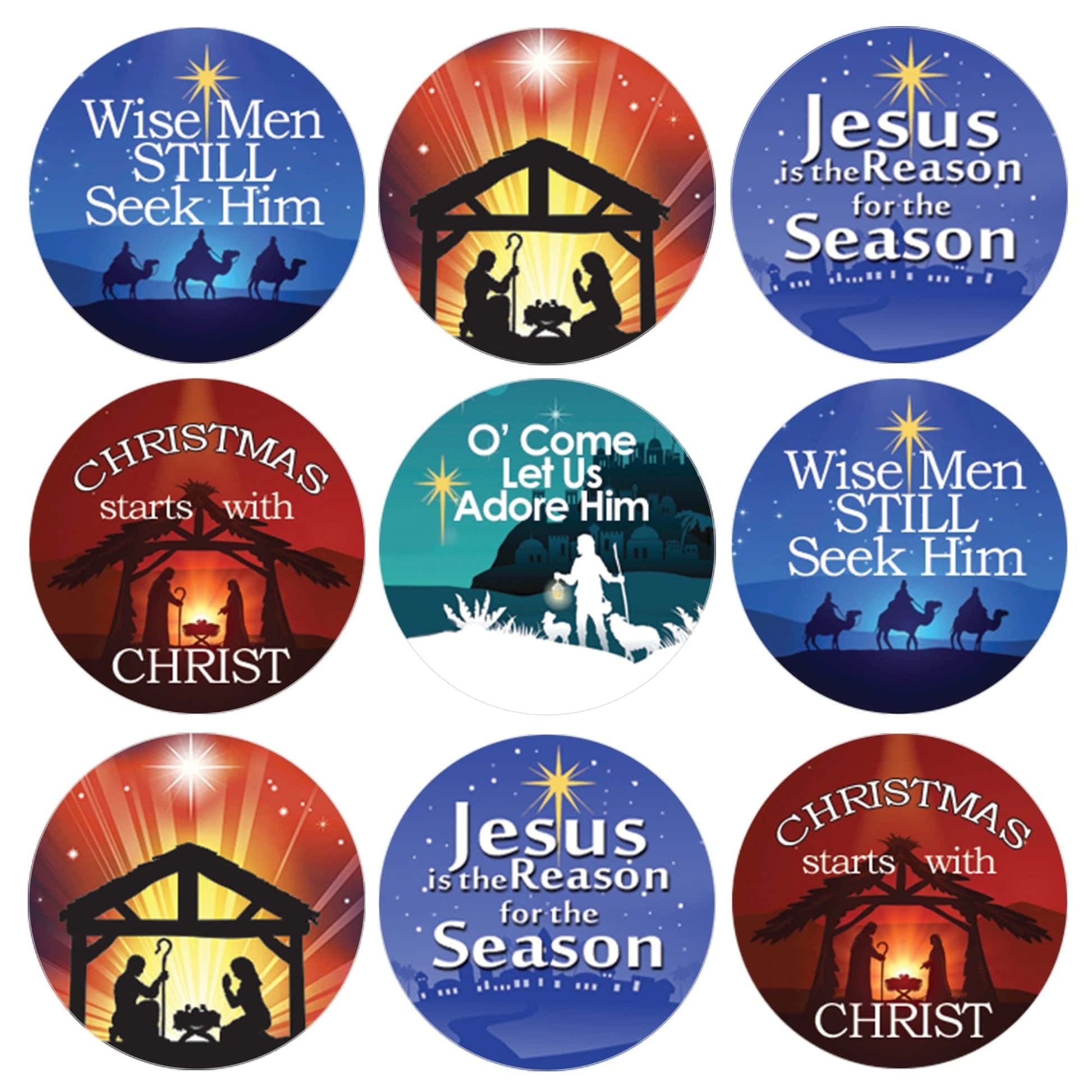 Religious Christmas 桌布 壁紙 — 九個圓形聖誕主題貼紙，帶有耶穌誕生場景和節日文字，背景色彩繽紛。