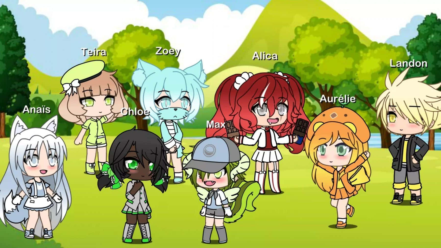 Gacha Life 桌布 壁紙 — 九個帶有動物耳朵和不同服裝的Q版動漫角色，在藍天下明亮的綠色公園裡，與樹木和山丘一起站立。