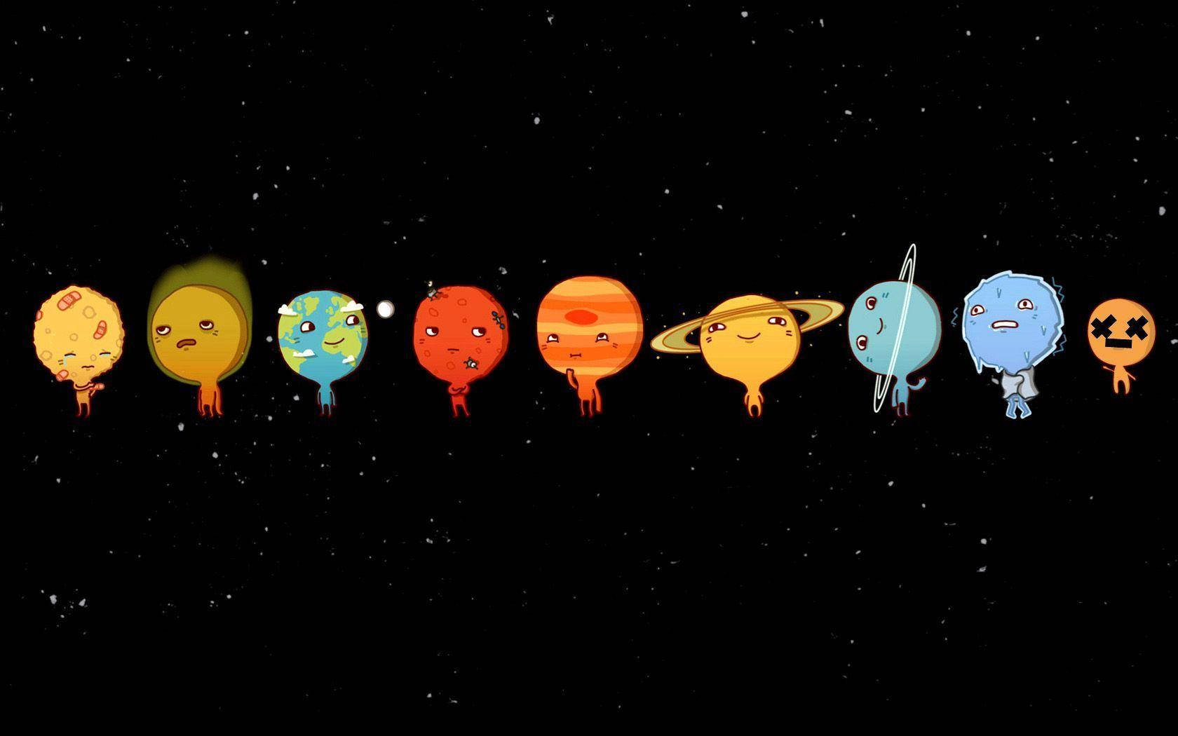 Planets 桌布 壁紙 — 九個帶有面孔和四肢的卡通行星排成一排，背景是星光閃爍的黑色太空。