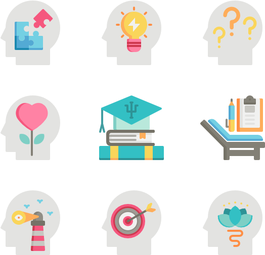 Motivation 桌布 壁紙 — 九個平面圖示顯示人頭，帶有思考、學習和心理過程的符號，背景為黑色。