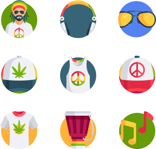 牙買加 桌布 壁紙 — 九個平面設計圖標描繪雷鬼文化符號，如辮子頭、太陽眼鏡、和平標誌和音符，色彩鮮豔。