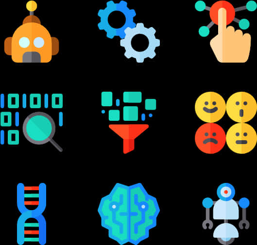 Technology Icon 桌布 壁紙 — 九個彩色平面圖示在黑色背景上描繪科技主題，如機器人、齒輪、數據和情感。
