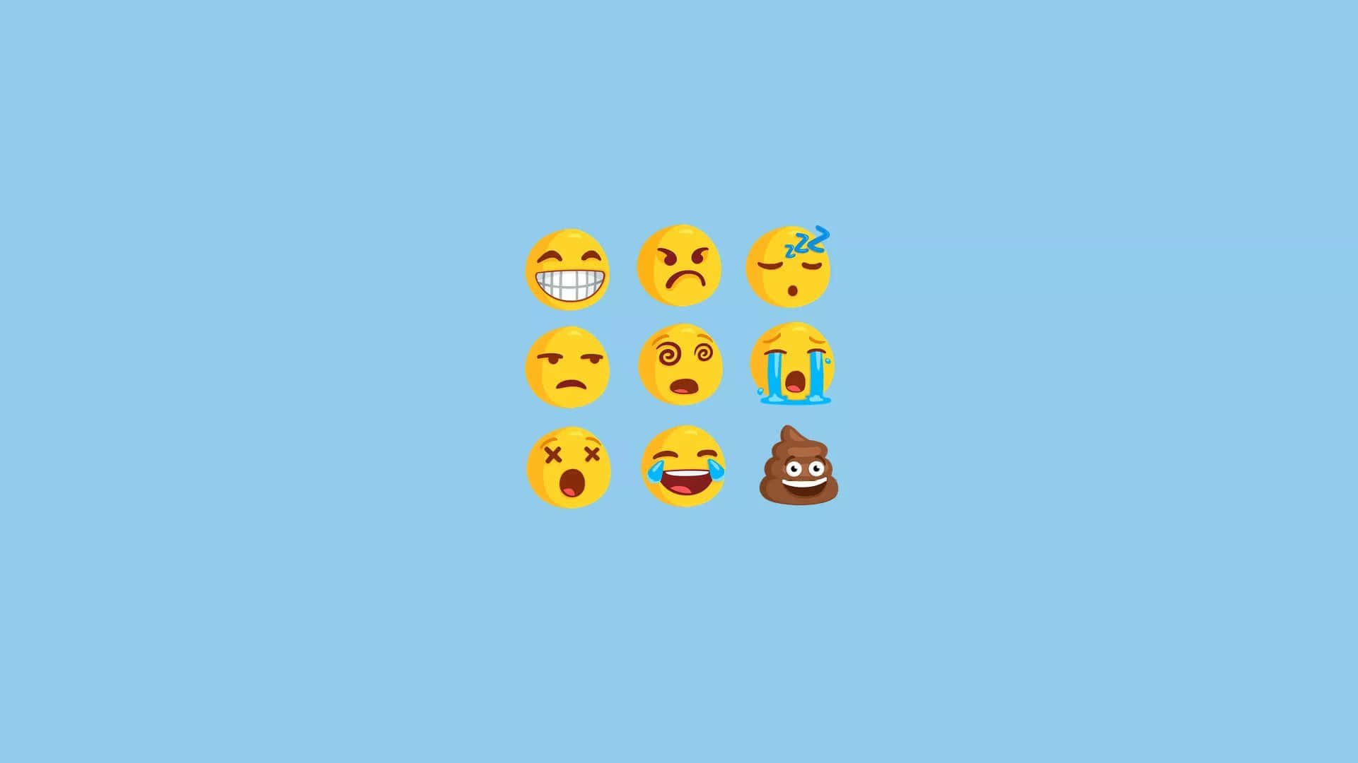 Cute Emoji 桌布 壁紙 — 九個彩色表情符號圖示，展示各種情緒，排列在純淺藍色背景上。