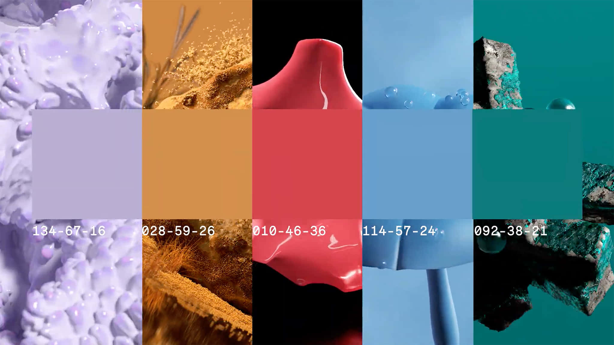 Color Palette 桌布 壁紙 — 九個抽象色板的網格，每個都配有一個紋理樣本和十六進制代碼。