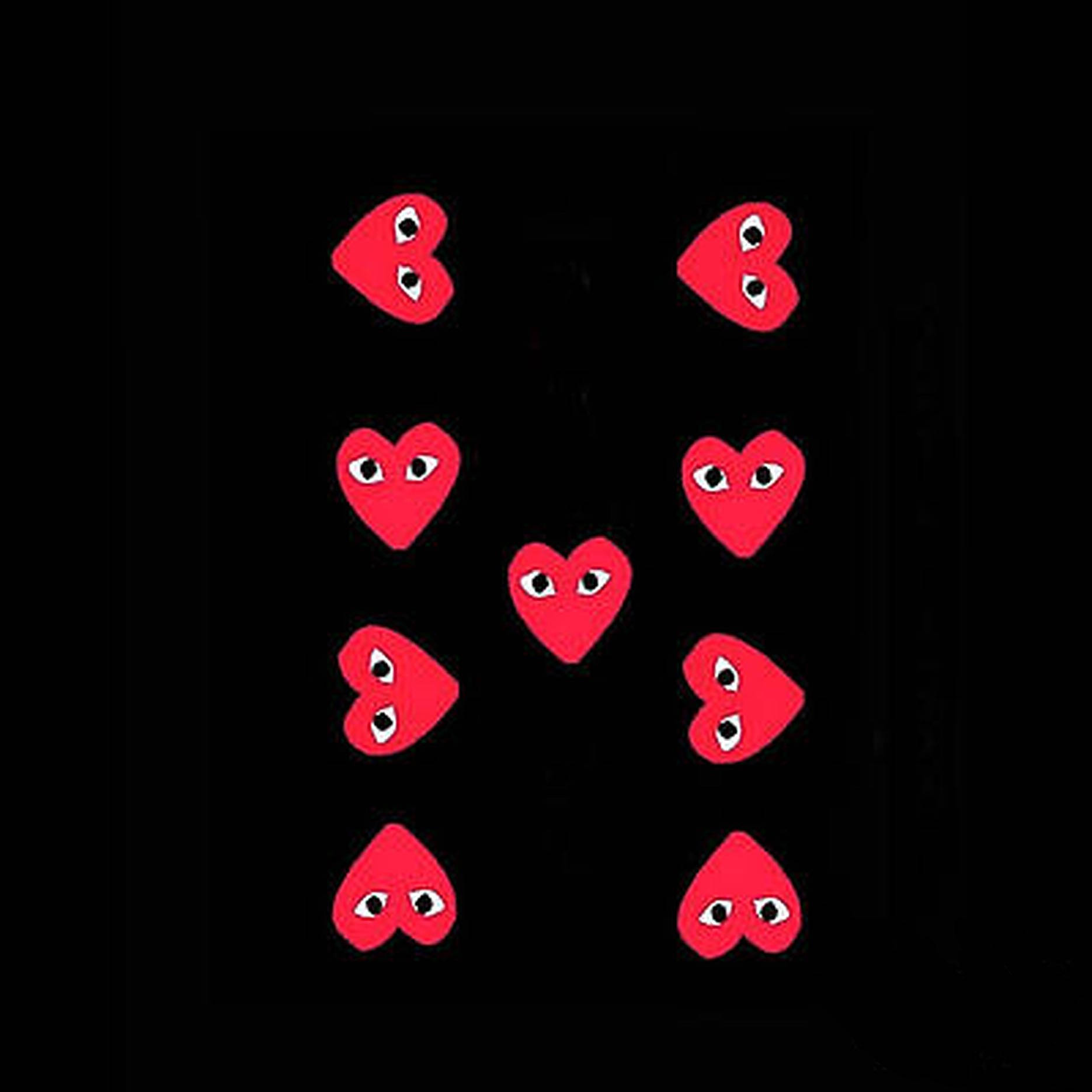 cdg 桌布 壁紙 — 九個有眼睛的紅色愛心在純黑色背景上以網格形式排列，凝視著外面。