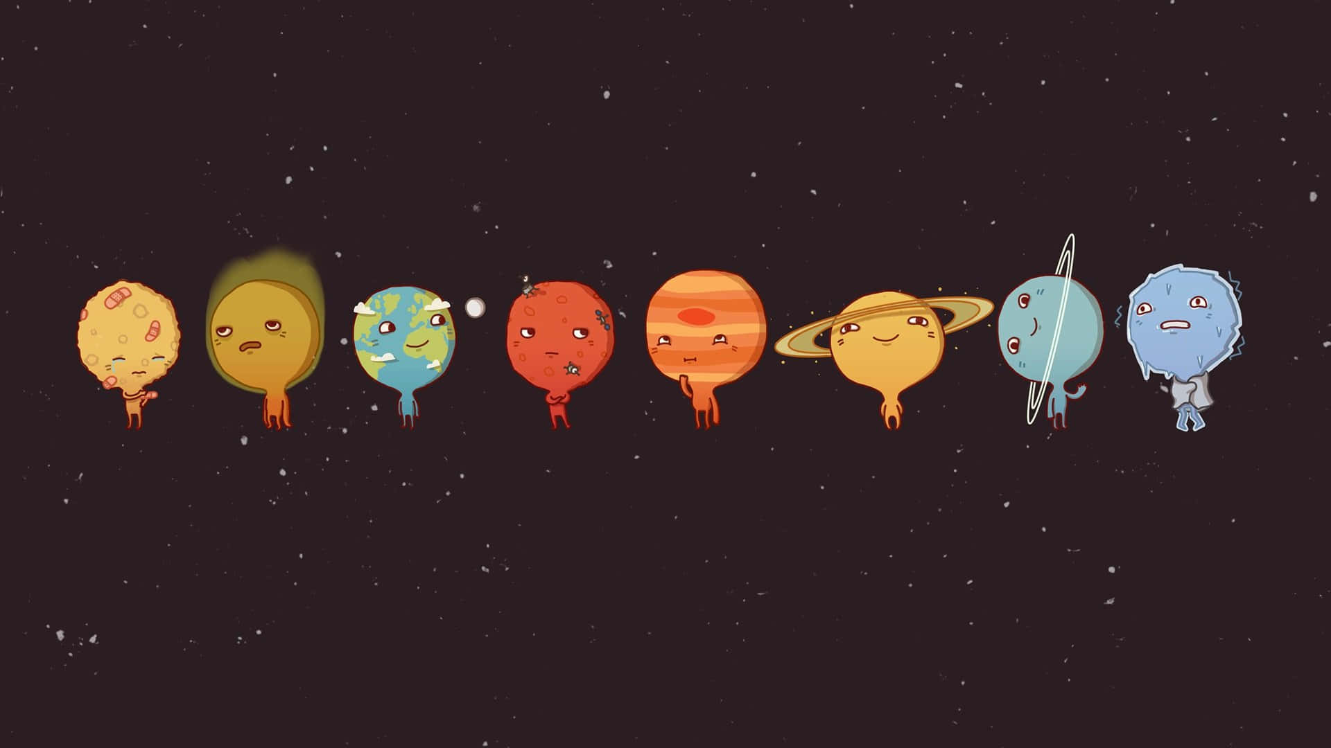 九個有臉和四肢的可愛卡通行星漂浮在太空中。 — 科學 GIF 壁紙