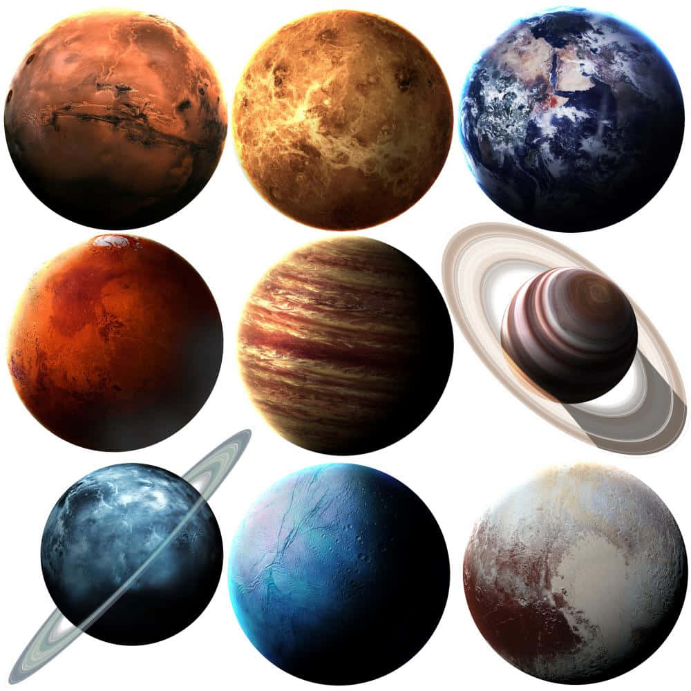 行星動畫 桌布 壁紙 — 九個生動渲染的行星，包括火星、金星、地球、木星、土星、天王星、海王星和冥王星，展示在潔淨的白色背景上。