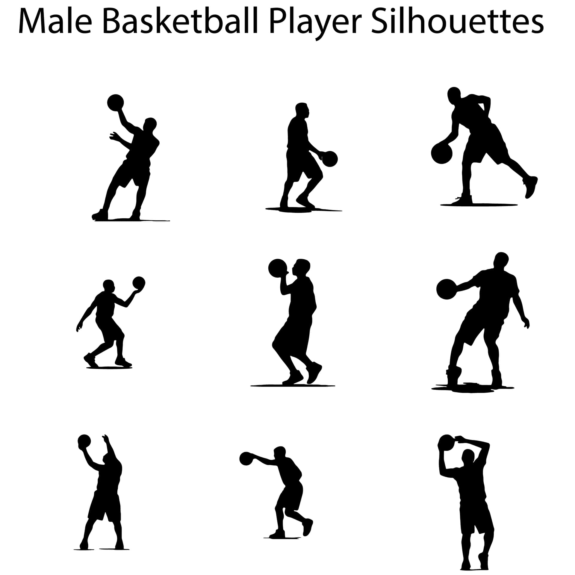 a set of basketball player posess silhoutte vector pack 壁紙 — 九個男性籃球運動員的黑色剪影，以各種動態姿勢呈現在白色背景上。
