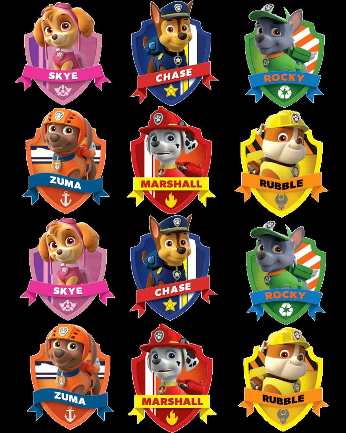 Skye Paw Patrol 桌布 壁紙 — 九個色彩繽紛的Paw Patrol角色徽章， featuring Skye、Chase、Rocky、Zuma、Marshall和Rubble，穿著他們標誌性的救援制服。