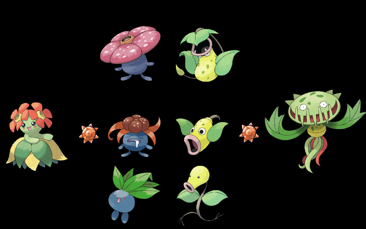 Bellsprout 桌布 壁紙 — 九個色彩繽紛的卡通植物生物，表情豐富，以黑色背景襯托。