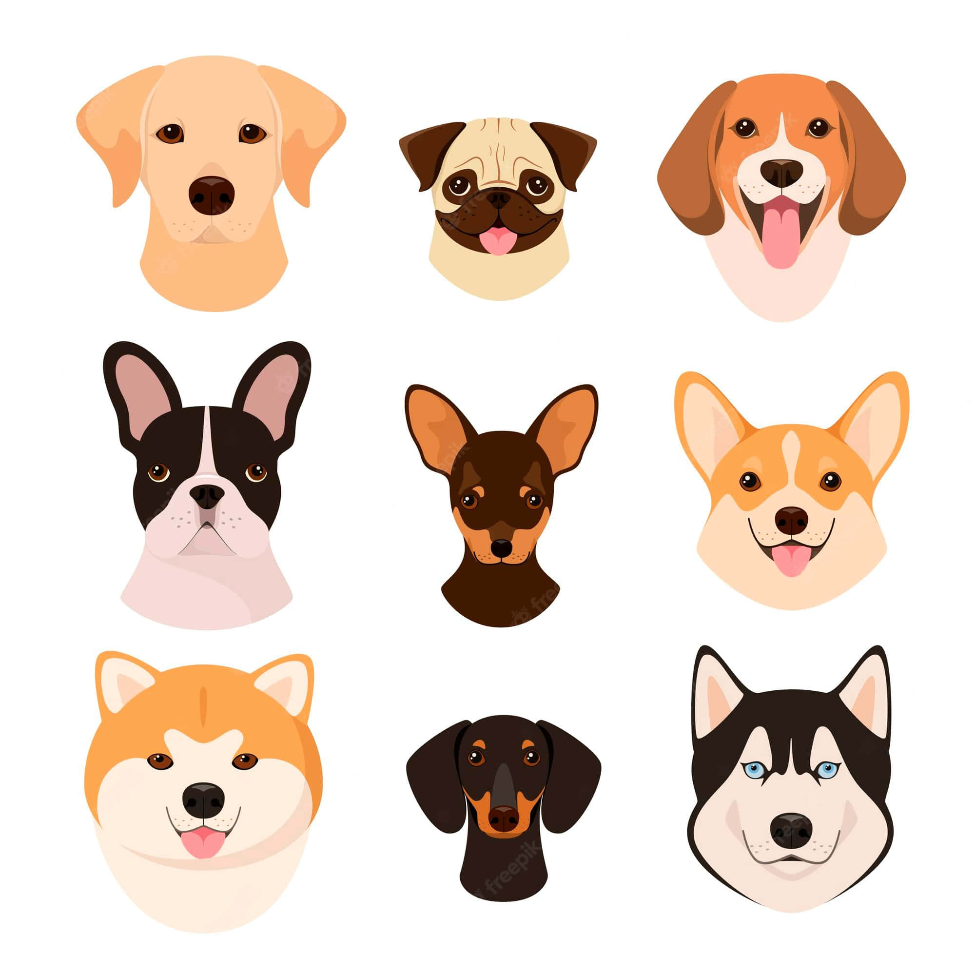 Dogs 桌布 壁紙 — 九個色彩繽紛的卡通狗頭圖示以網格排列在純白色背景上。