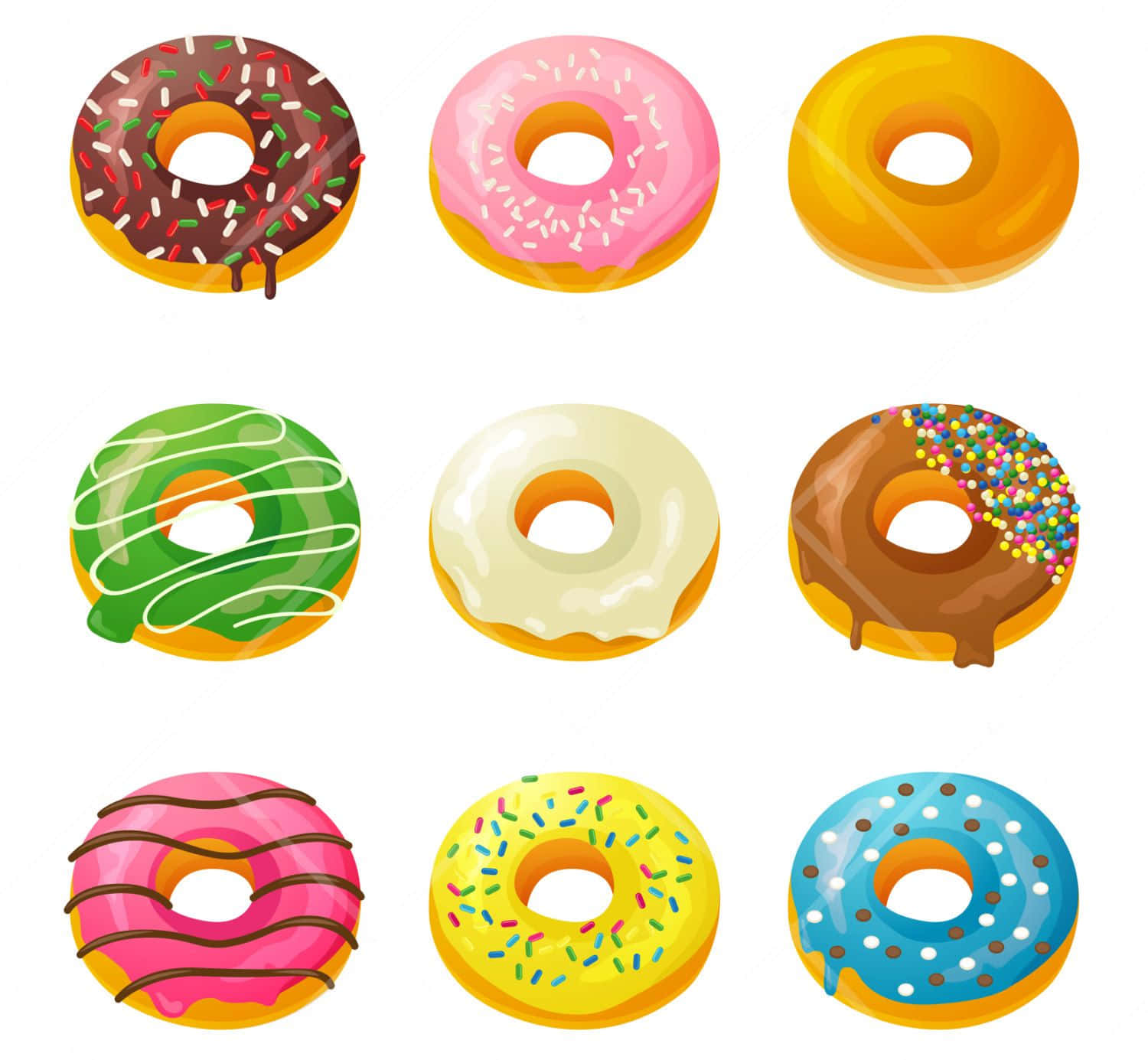 donuts 桌布 壁紙 — 九個色彩繽紛的卡通甜甜圈，帶有各種糖霜和裝飾，排列成網格狀。
